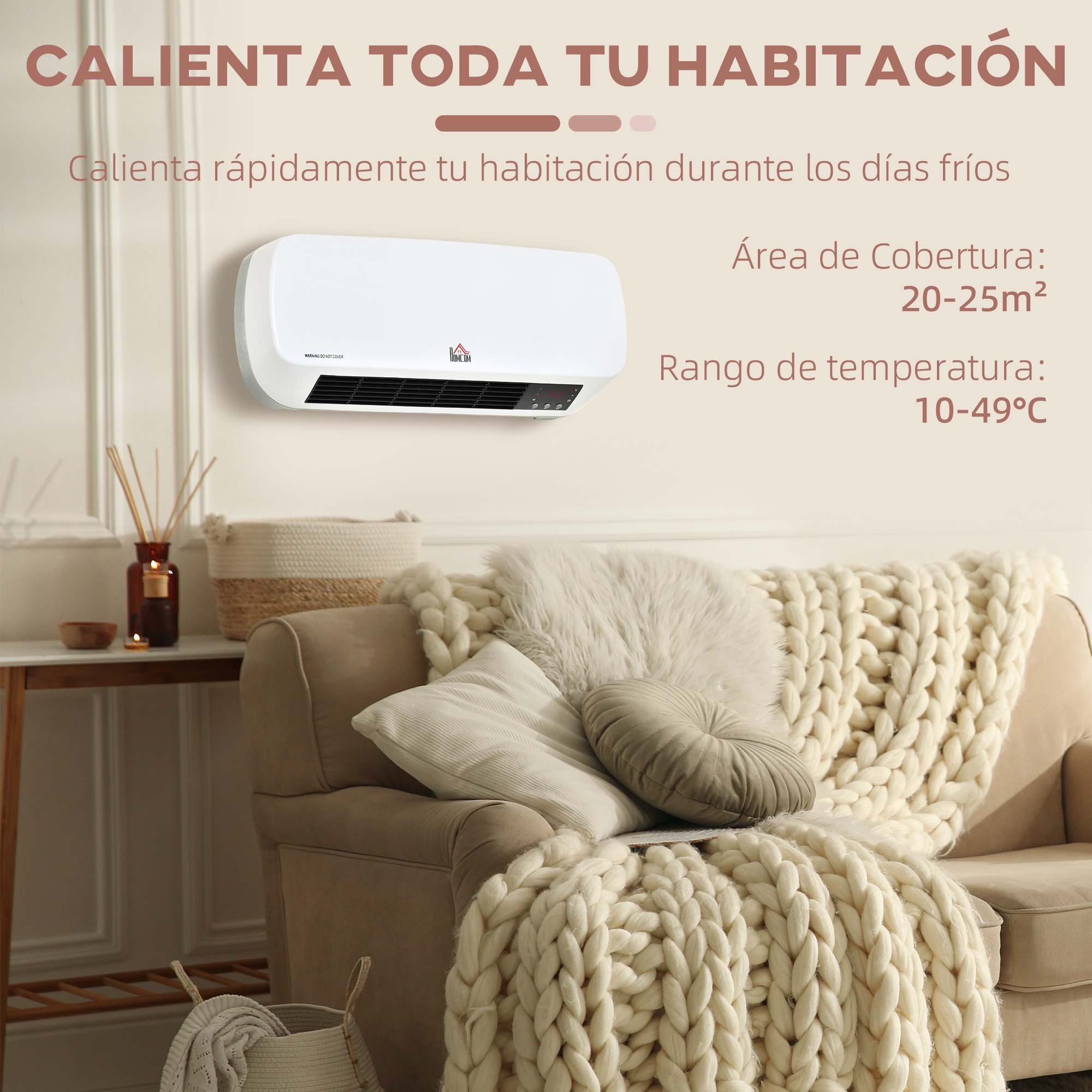 Un calefactor de pared blanco sobre un sofá beige con mantas de punto y cojines en una sala luminosa.