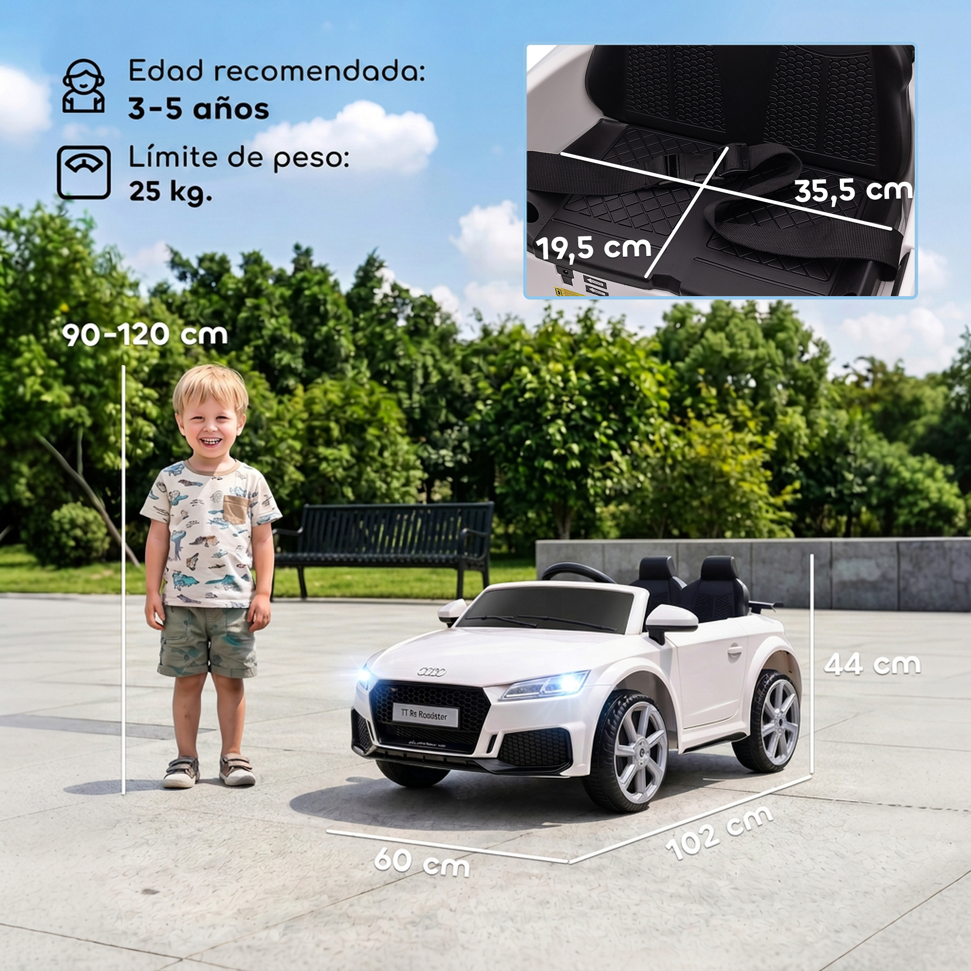 Un niño sonriente está junto a un auto de juguete blanco, con medidas, edad recomendada y dimensiones del asiento.