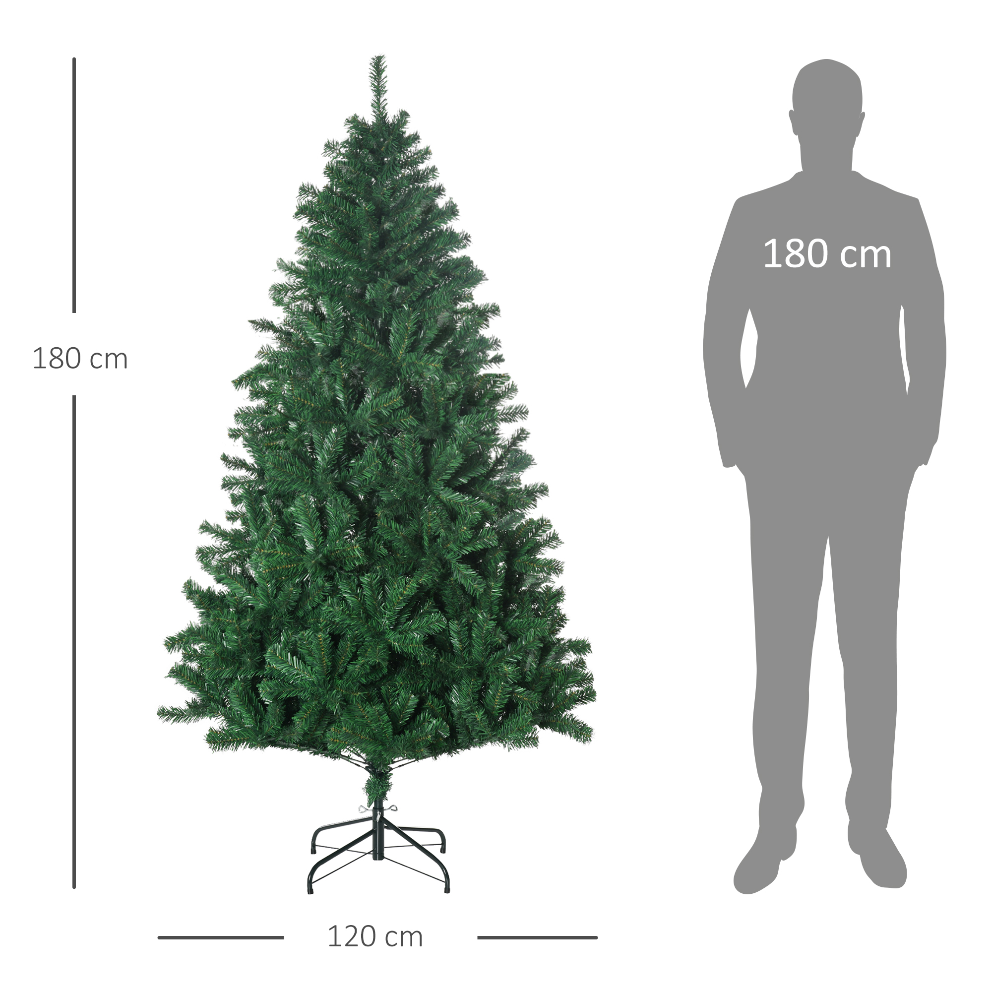 Un árbol de Navidad verde de 180 cm con soporte, junto a una silueta humana de referencia.