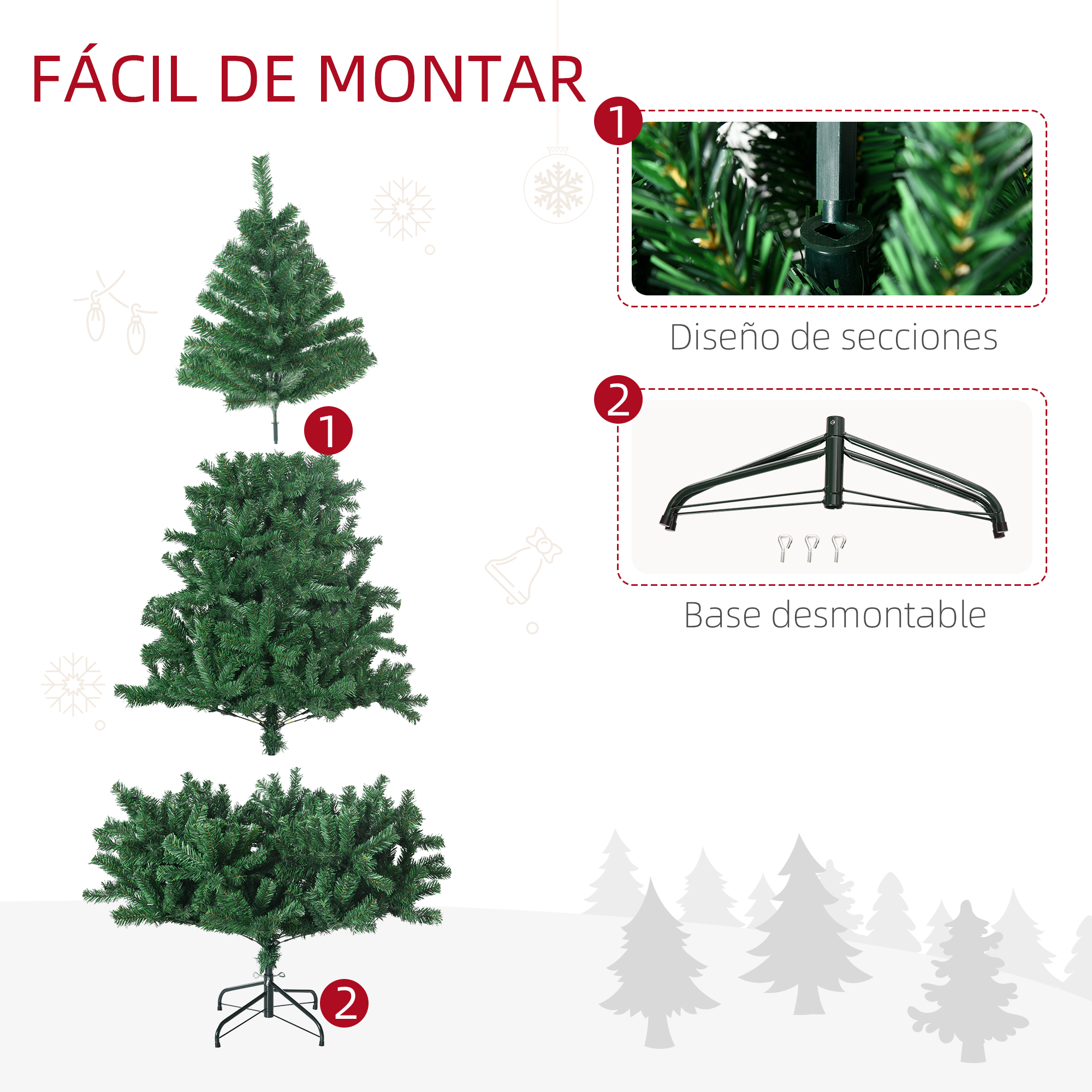 Guía de fácil montaje para árbol de navidad artificial con secciones y base desmontable.