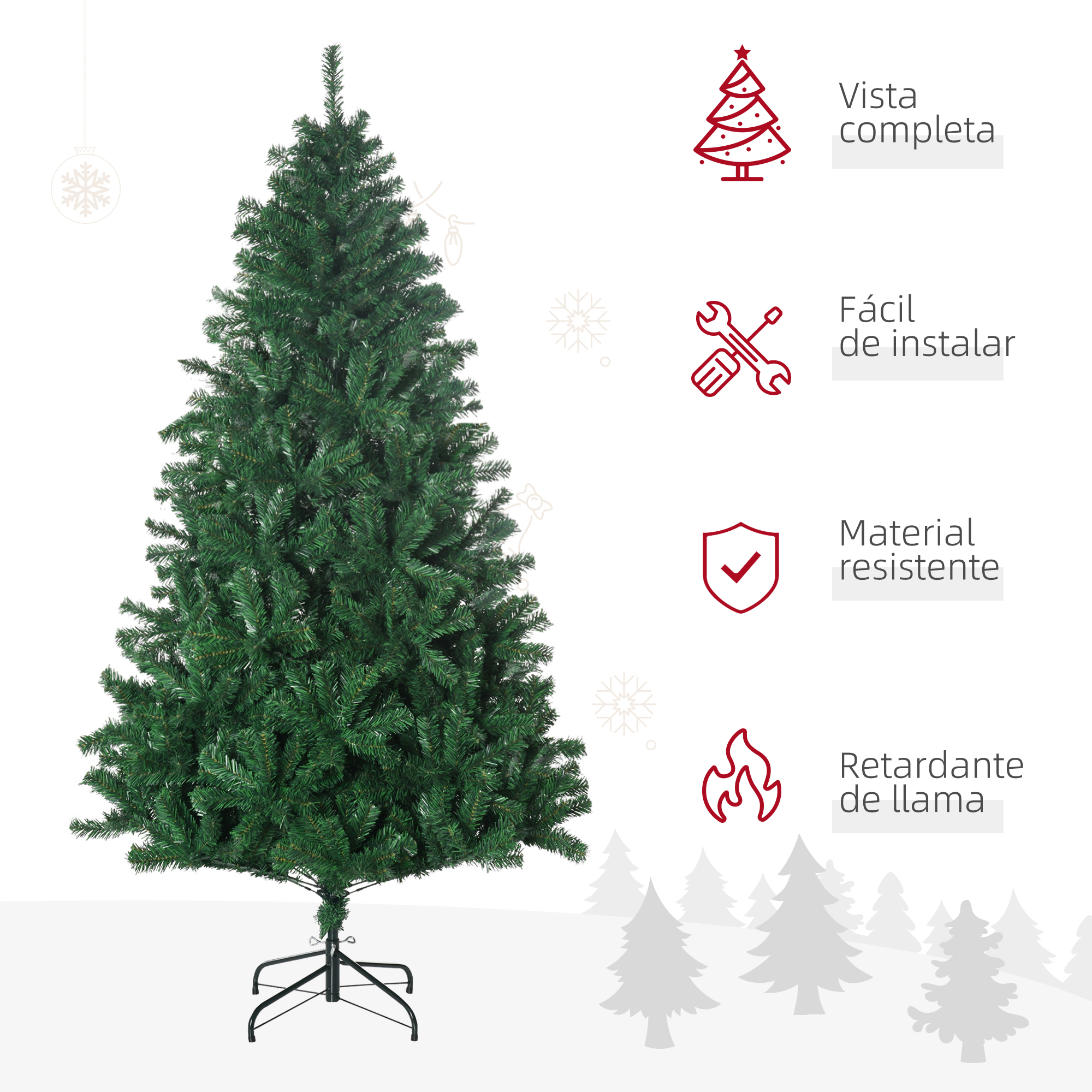 Árbol de Navidad artificial verde con soporte metálico e iconos a la derecha.