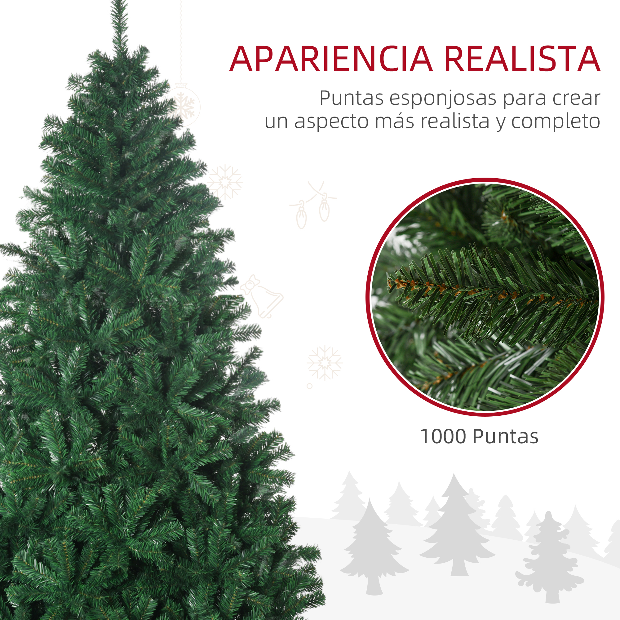 Un árbol de navidad artificial verde con un primer plano de ramas y texto en español arriba.