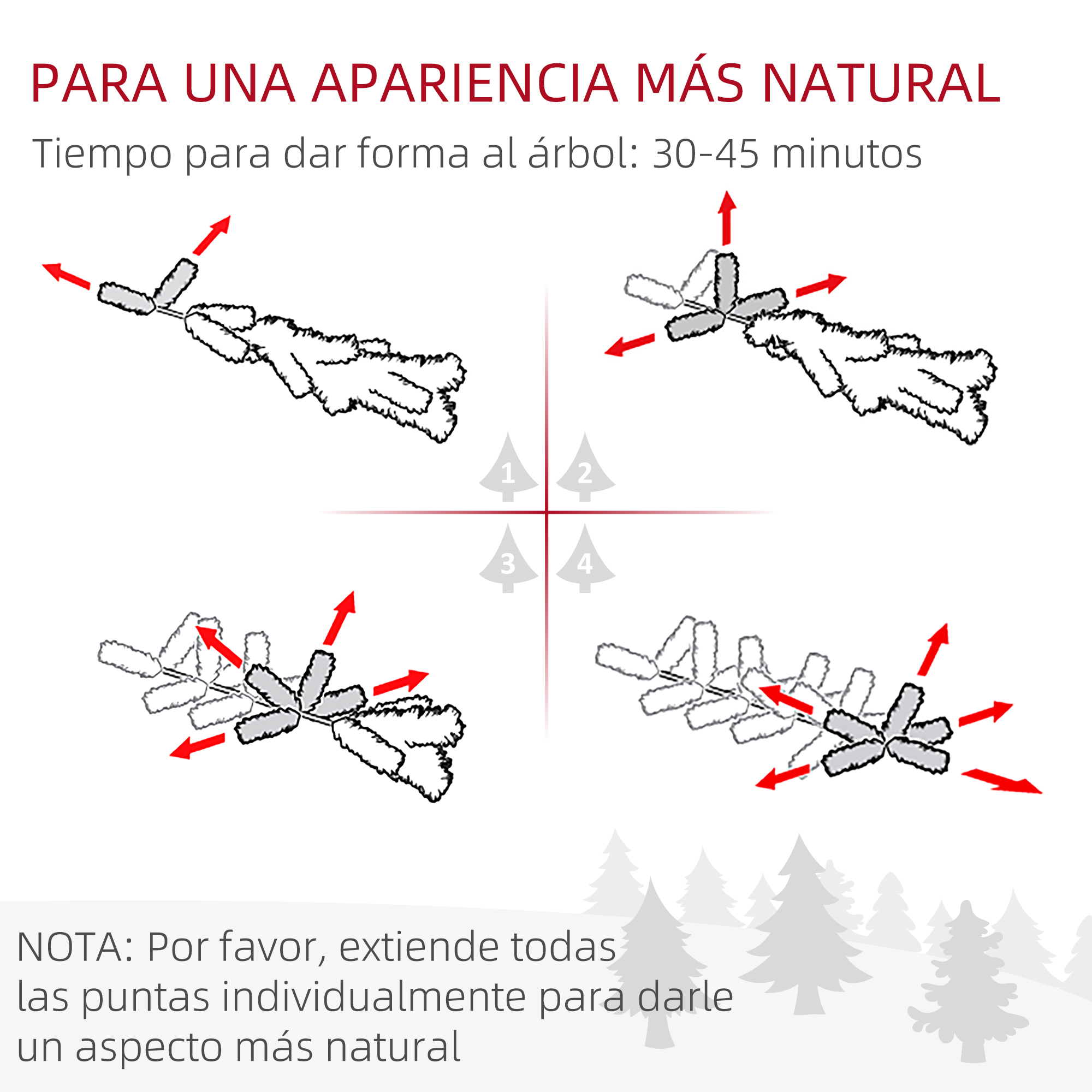 Diagramas de instrucciones que muestran cuatro pasos para dar forma a las ramas de árboles de Navidad.