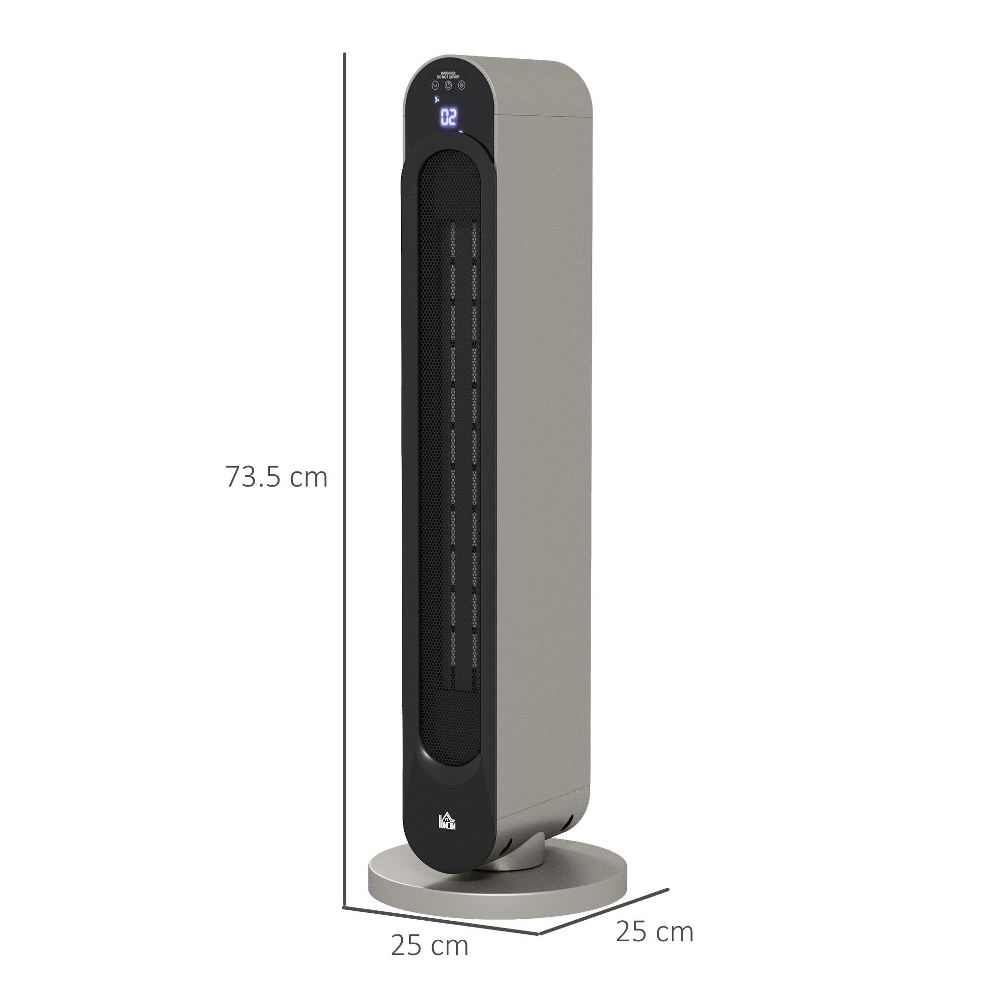 Calefactor de torre gris con rejilla negra, pantalla digital y dimensiones de altura y ancho sobre fondo blanco.