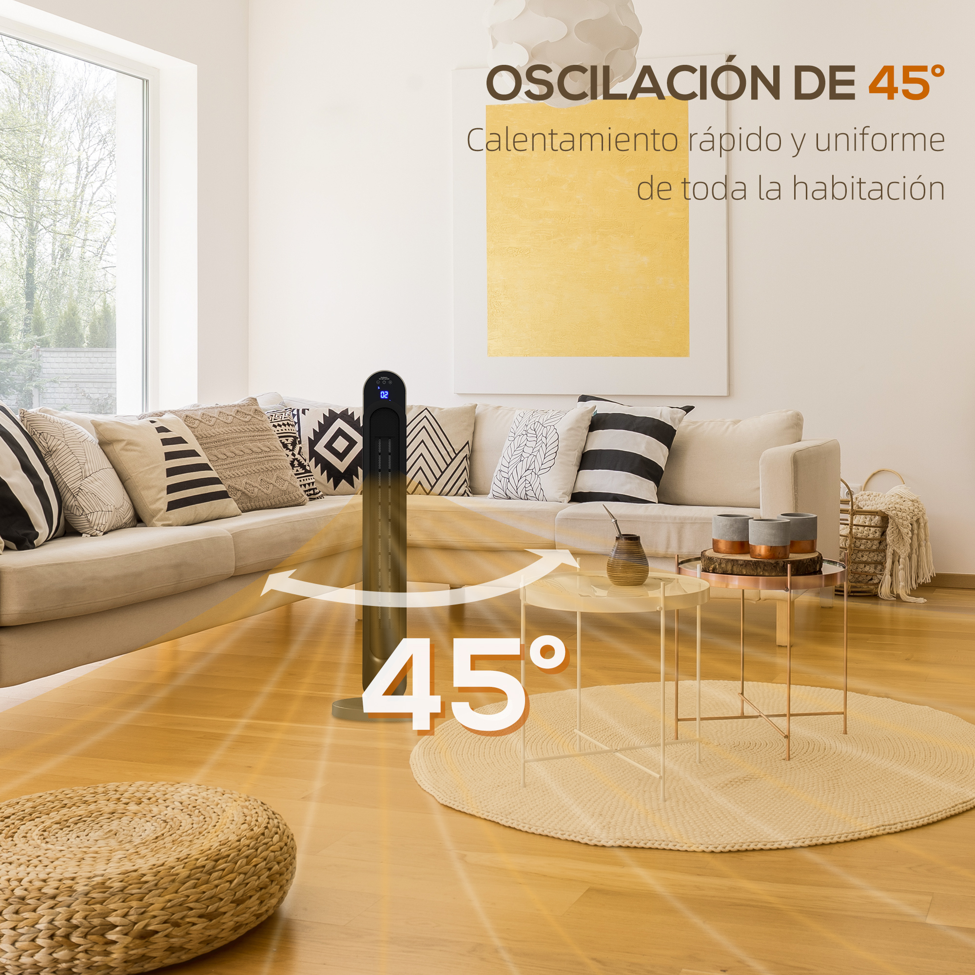 Un calefactor de torre negro en una sala luminosa muestra oscilación de 45 grados con rayos de luz cálidos.