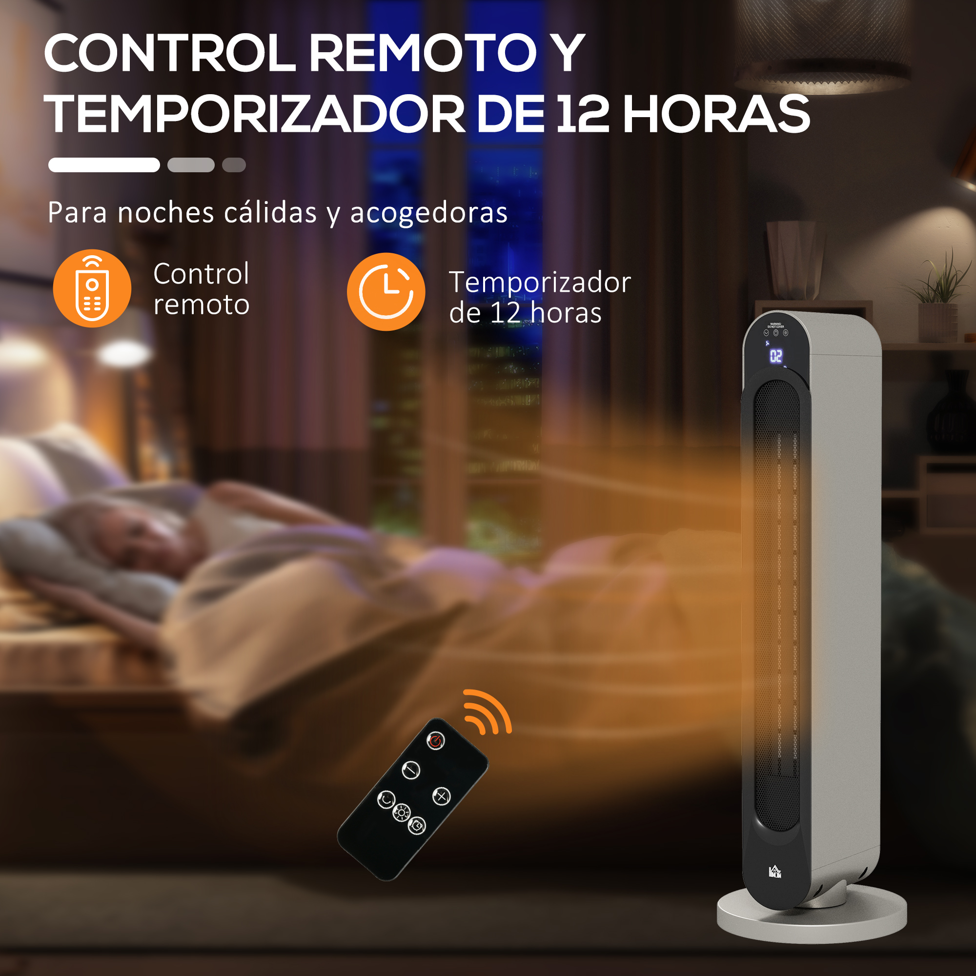 Un calefactor de torre calienta un dormitorio mientras alguien duerme. Incluye control remoto.