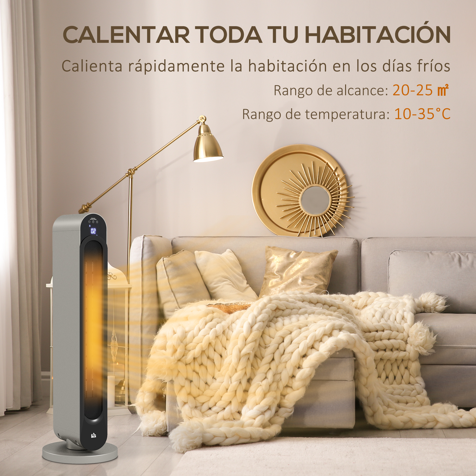 Un calefactor de torre plateado en una sala acogedora con un sofá gris y decoraciones doradas.