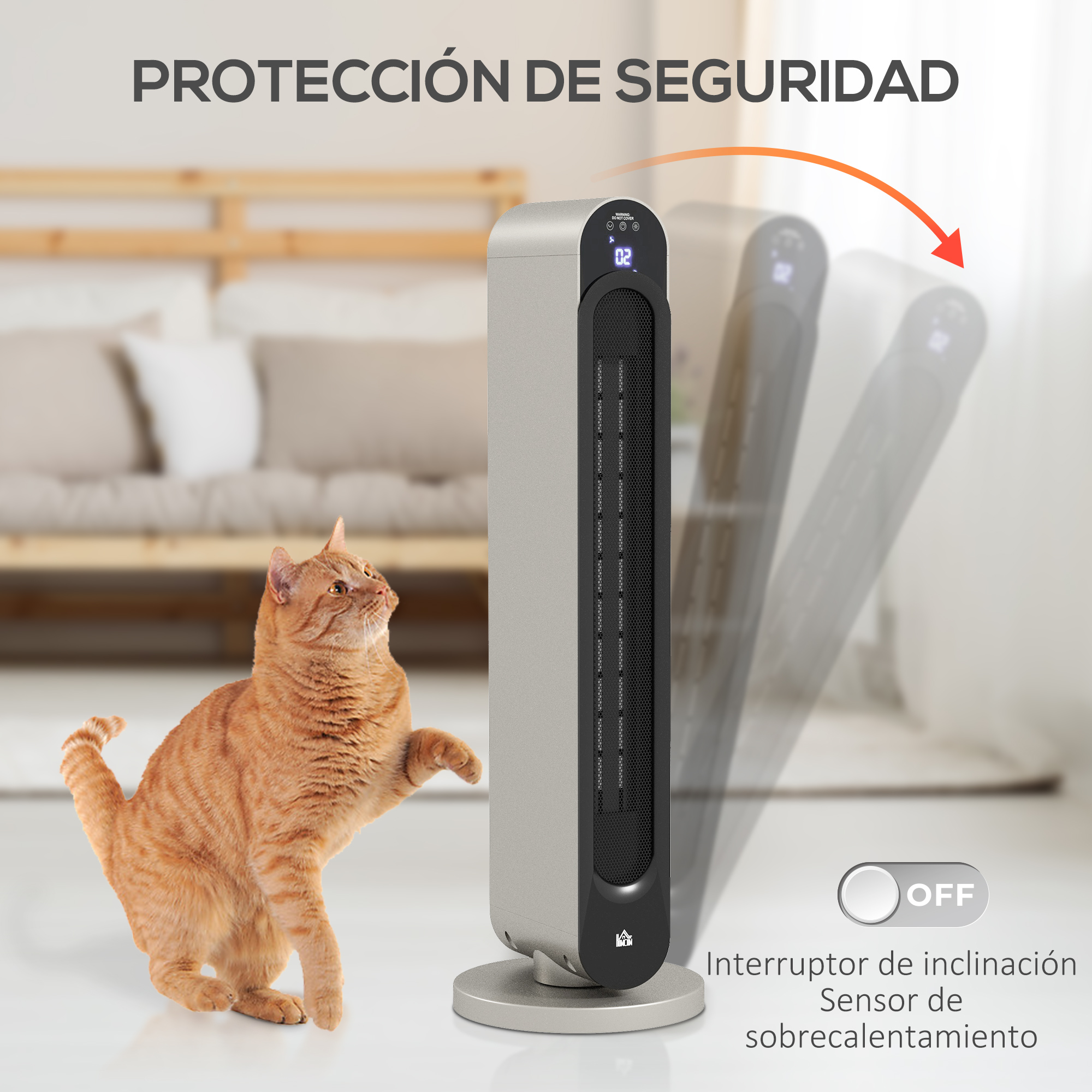 Un gato naranja se acerca a un calefactor de torre plateado que se vuelca, mostrando el interruptor.