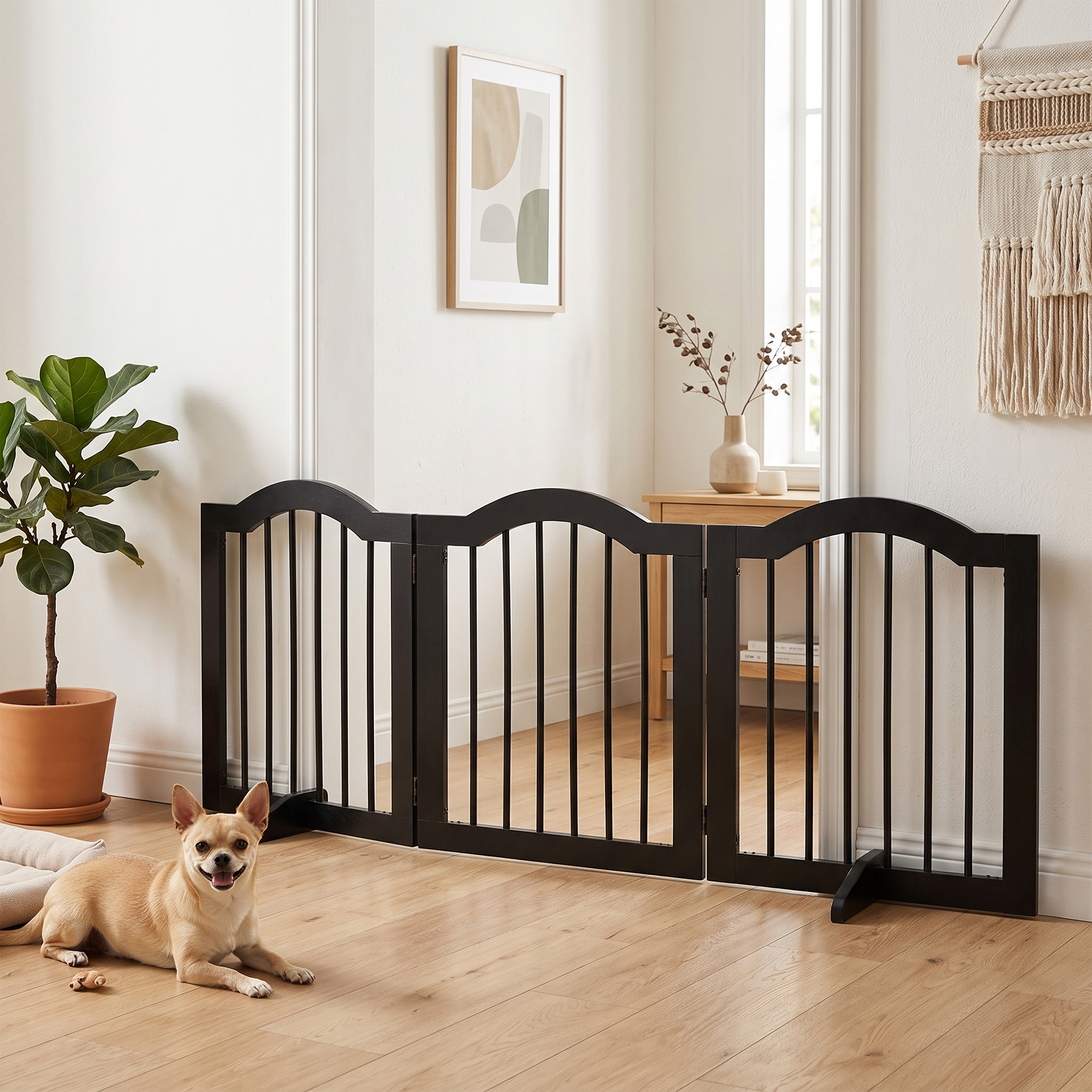 Un perro pequeño yace en un suelo de madera frente a una puerta negra.
