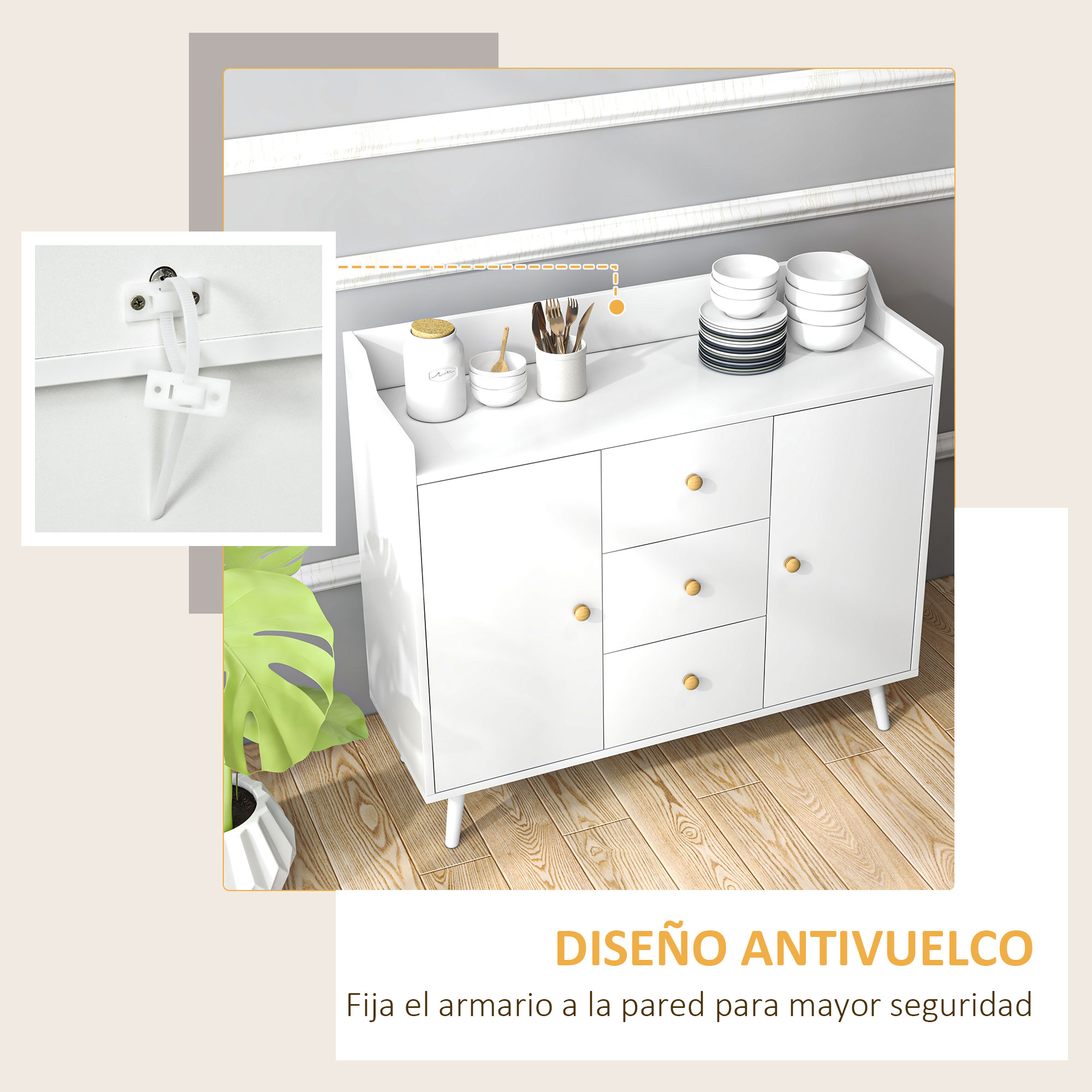 Aparador blanco con vajilla y detalle de sujeción antivuelco a la pared.