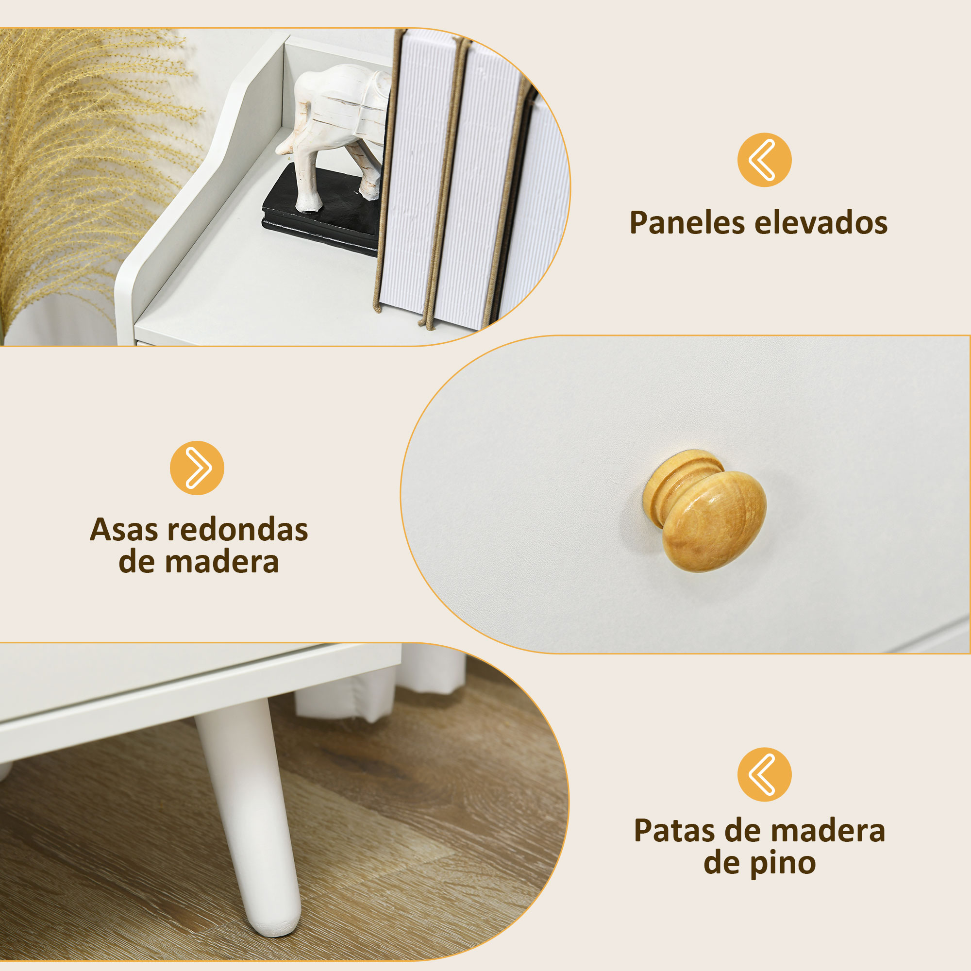 Vista detallada de una mesita de noche blanca con tiradores de madera, paneles elevados y patas de pino.