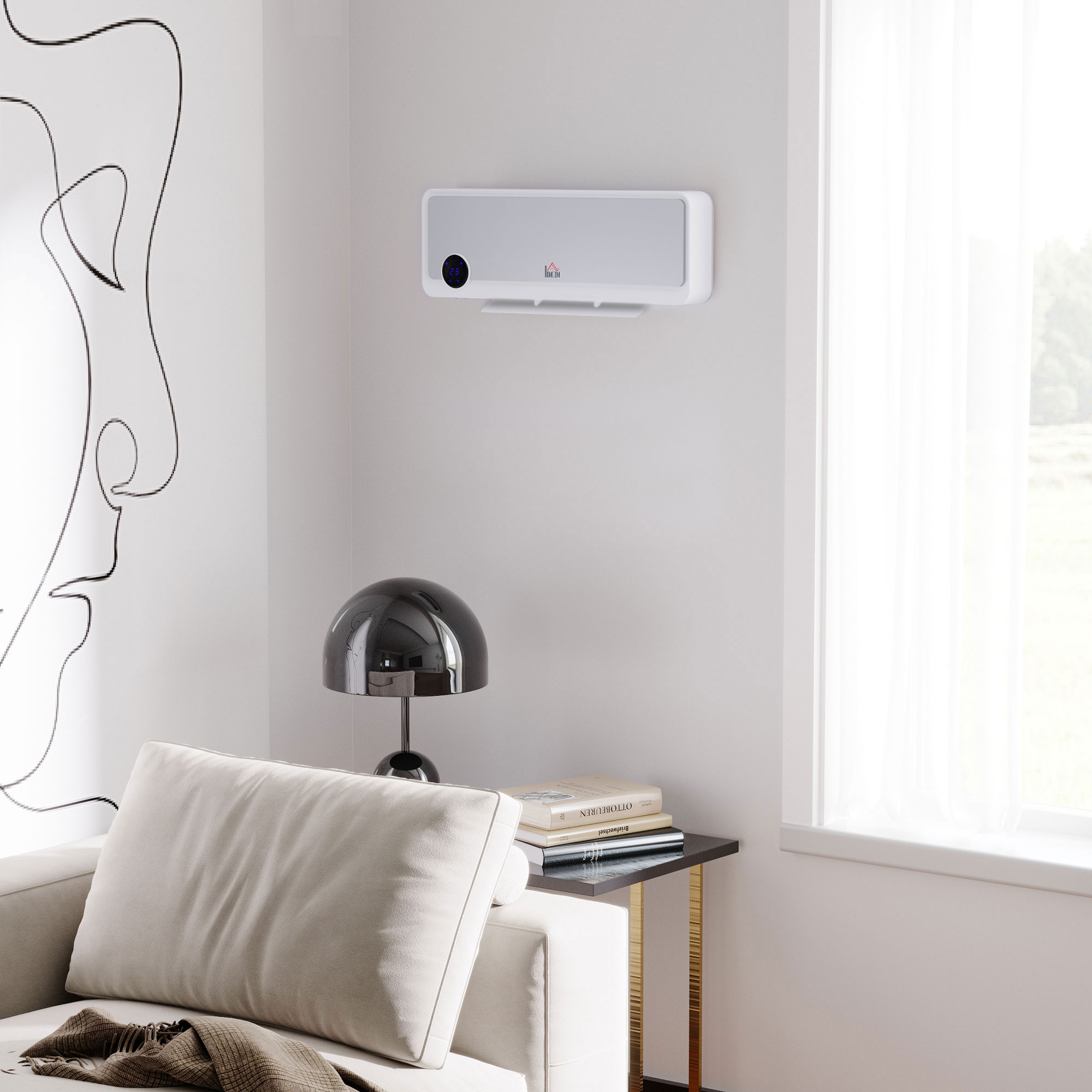 Un calefactor de pared blanco está montado sobre una mesita con una lámpara y libros, junto a un sofá y ventana.