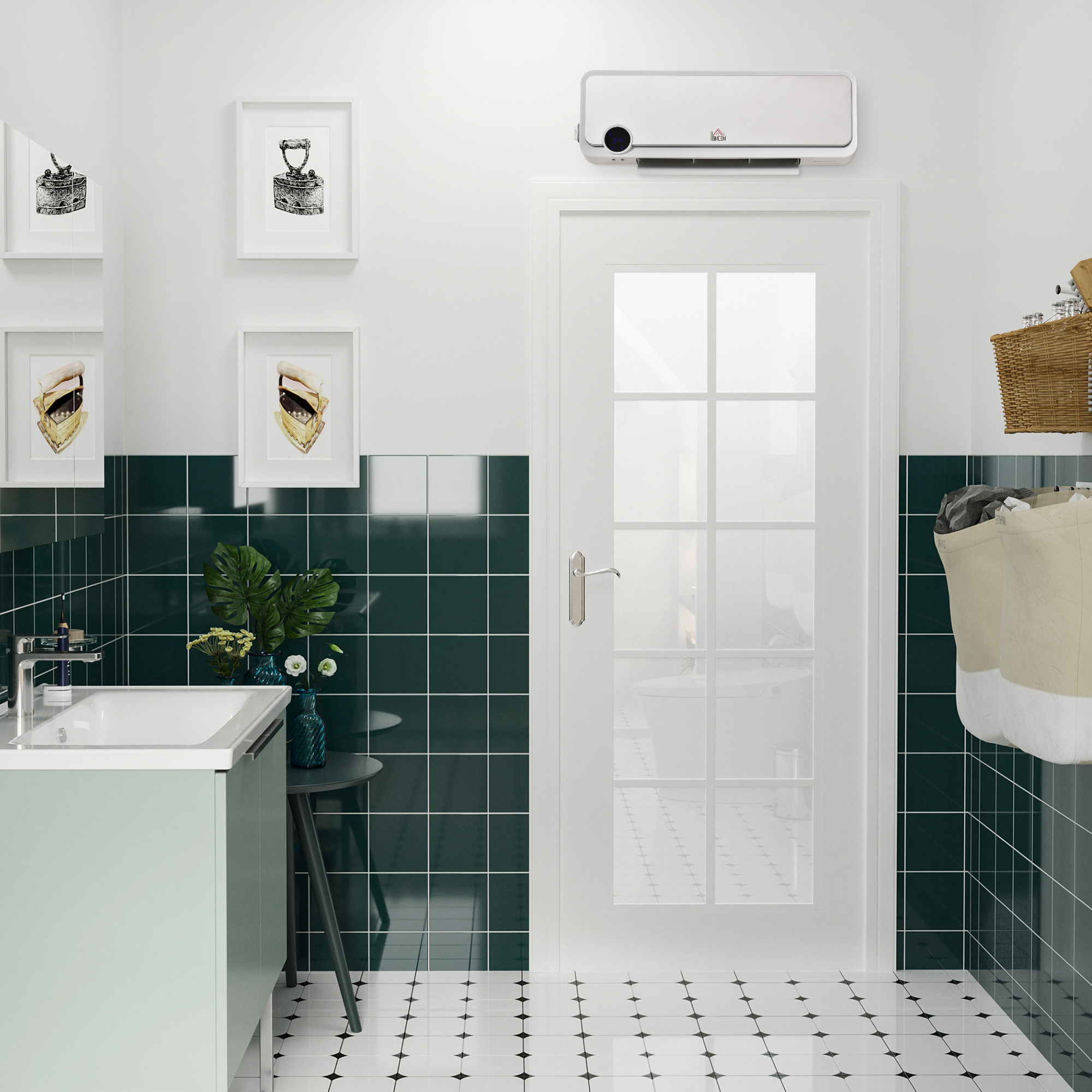 Baño con lavabo, azulejos verdes, puerta blanca, cuadros enmarcados y aire acondicionado.