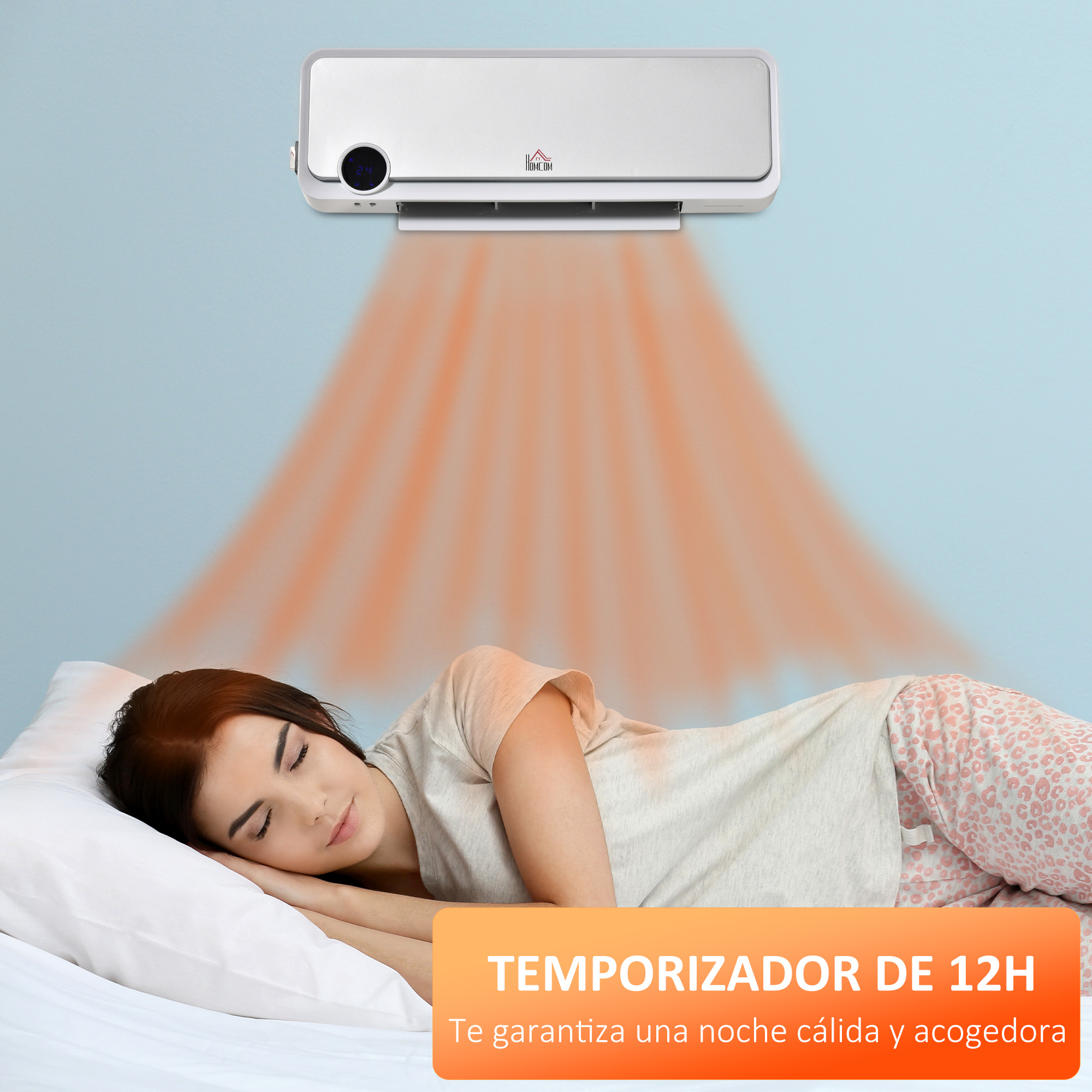 Una mujer duerme en la cama mientras un calefactor de pared irradia aire cálido. Texto: Temporizador de 12h.