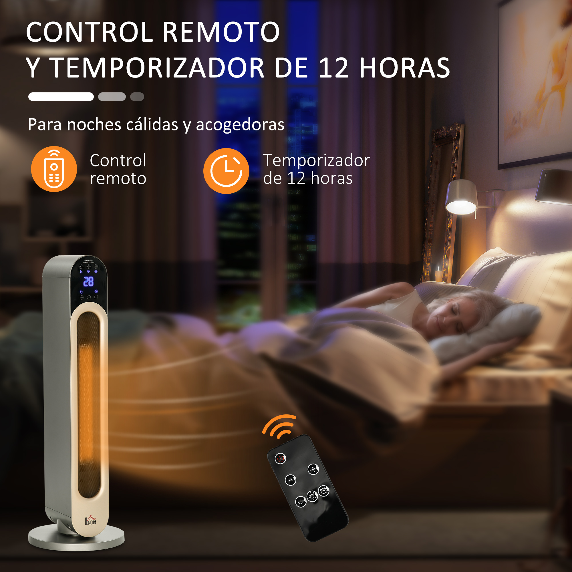 Un calefactor de torre calienta una habitación acogedora donde duerme una mujer, con texto para control remoto.