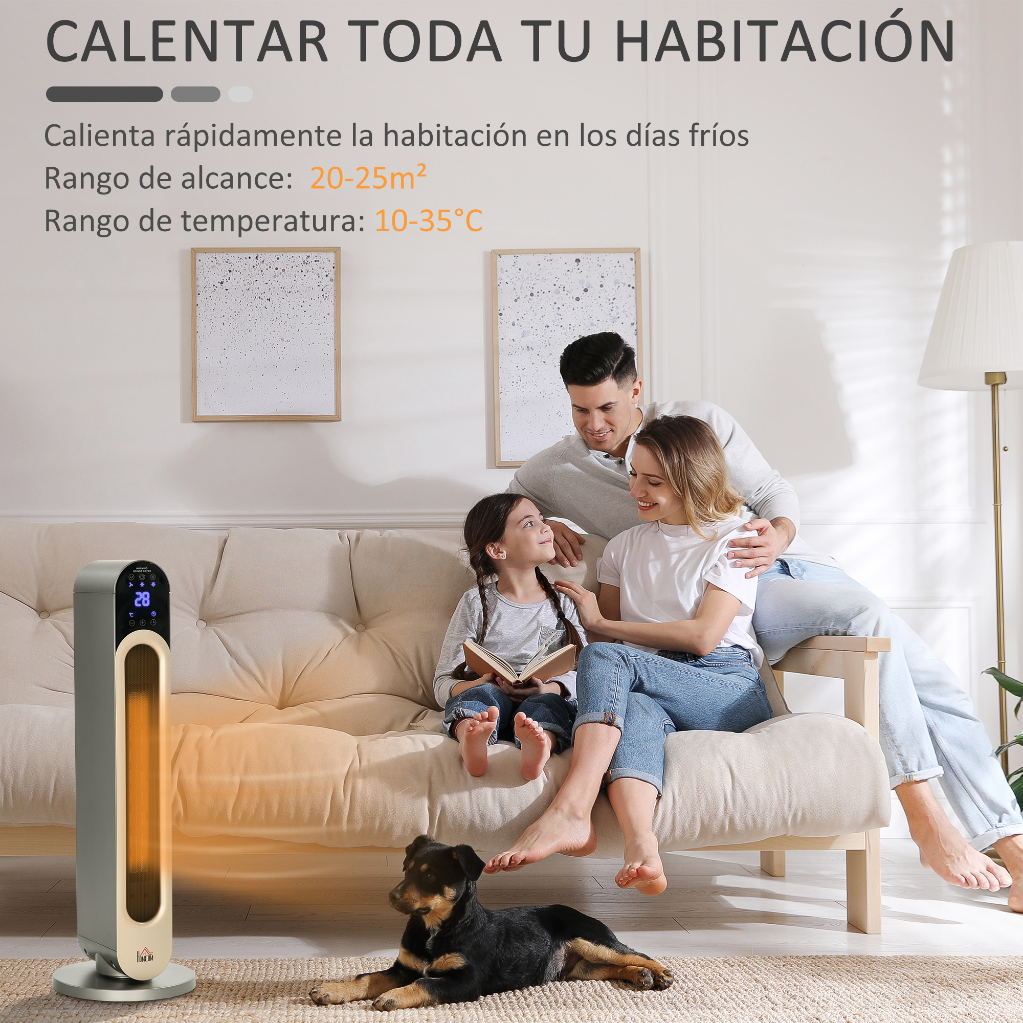 Familia con hijo y perro en sofá junto a un calefactor eléctrico.