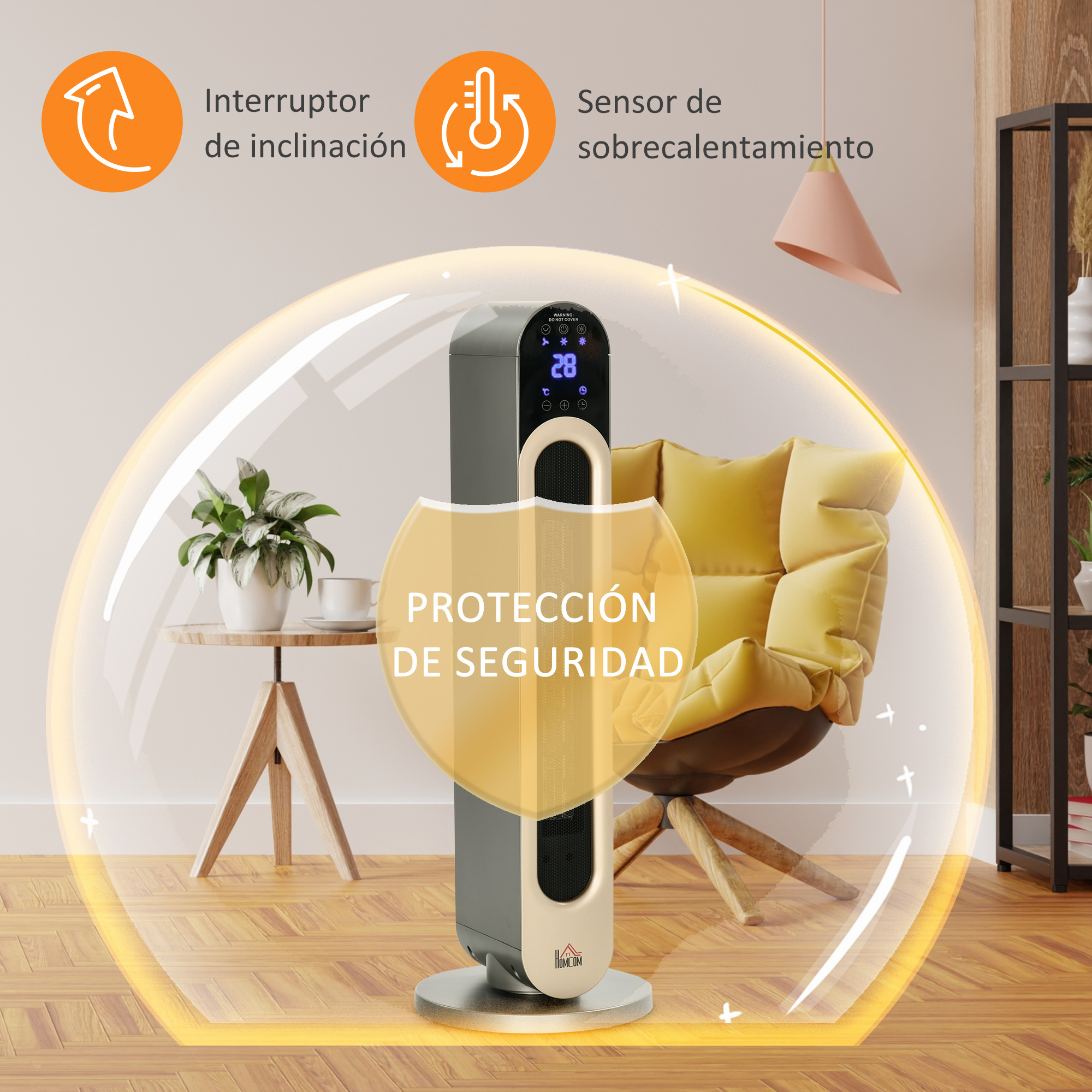 Calefactor de torre con funciones de seguridad en una sala moderna.