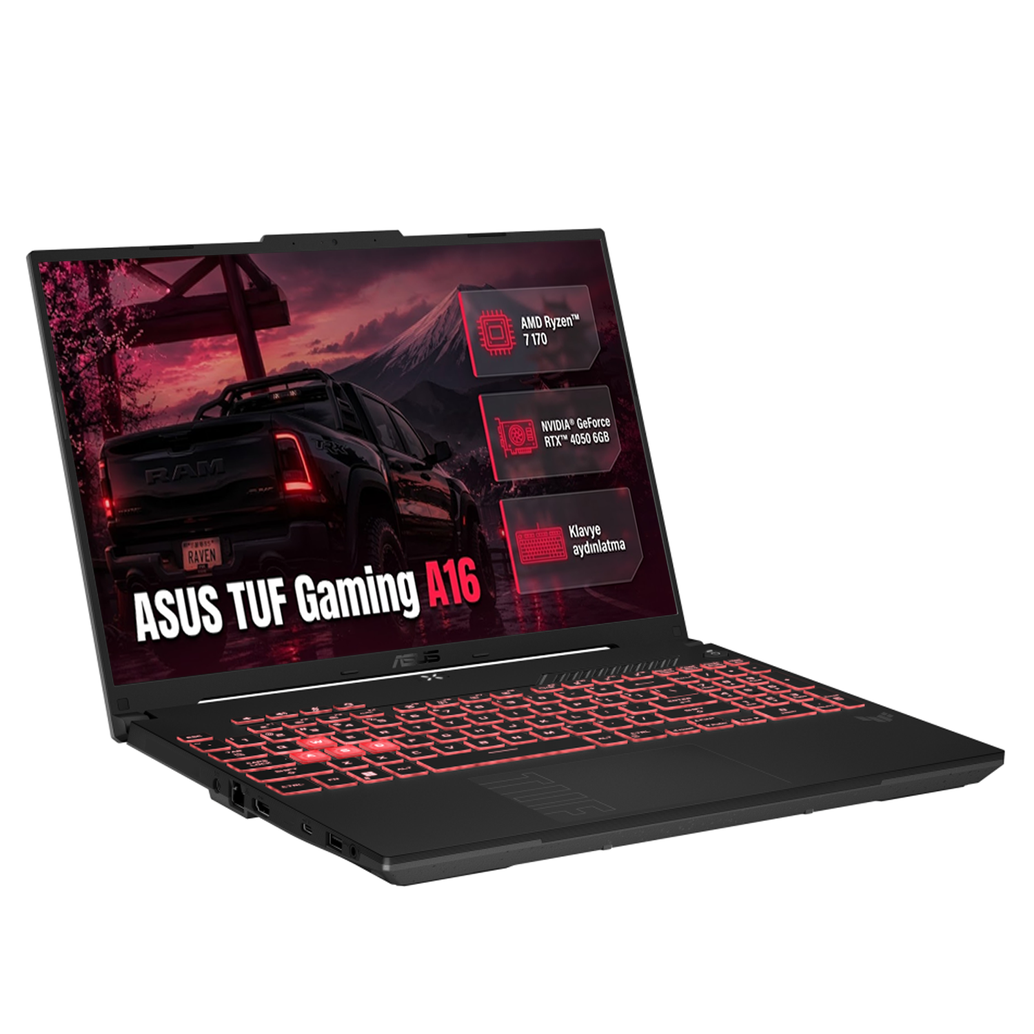 Beyaz arka planda kırmızı arkadan aydınlatmalı klavyeye ve teknik ekran grafiklerine sahip siyah Asus TUF Gaming A16 dizüstü bilgisayar.