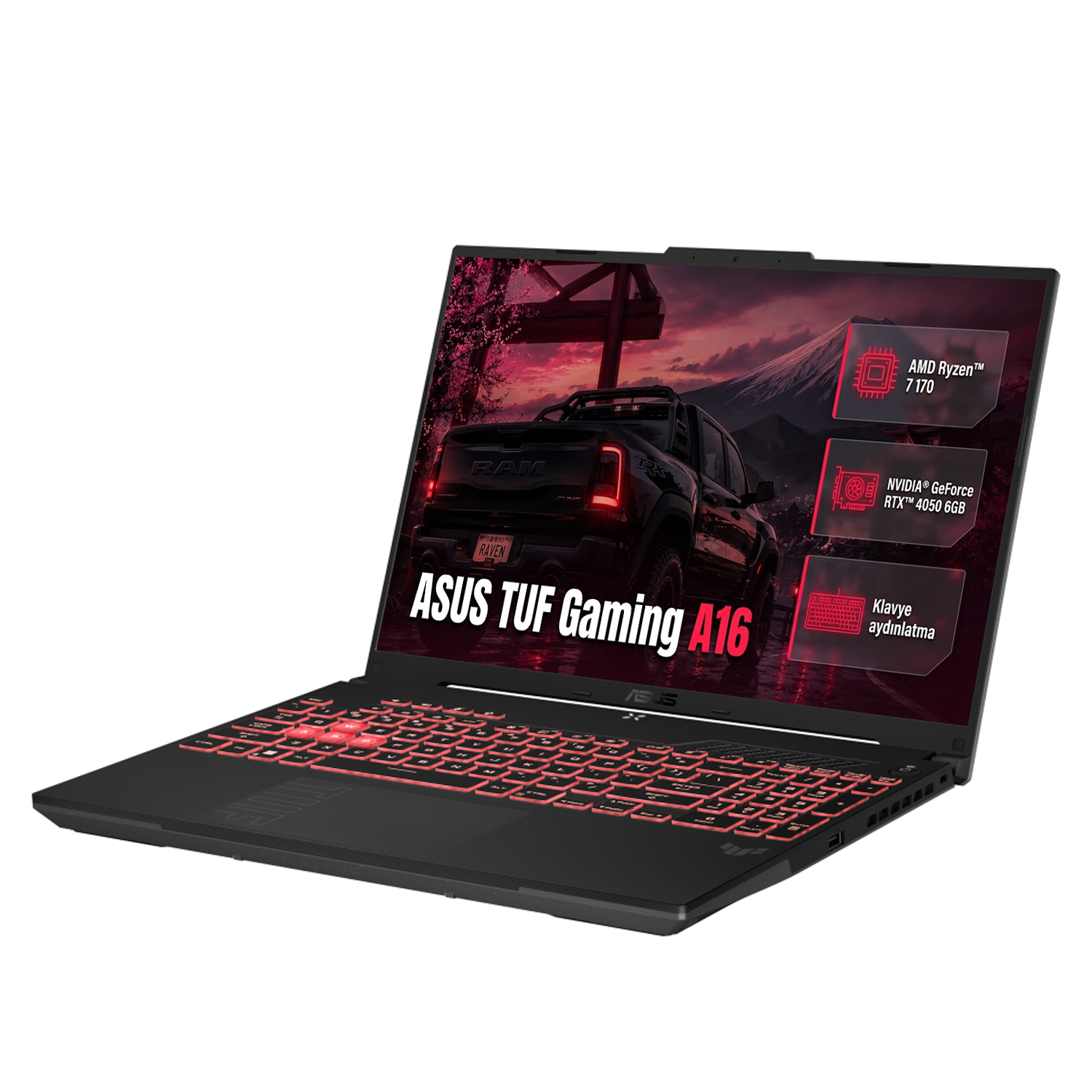 Kırmızı arka aydınlatmalı tuşlara ve ekran grafiklerine sahip siyah Asus TUF Gaming A16 dizüstü bilgisayar.