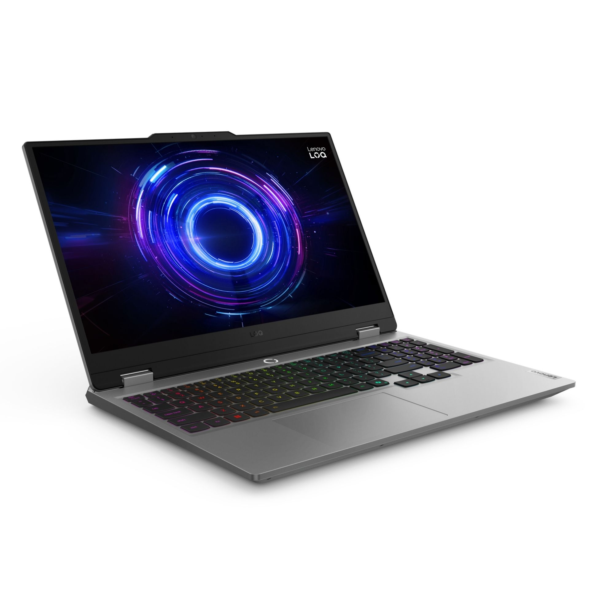 Arkadan aydınlatmalı klavyeye ve ekranda soyut mavi dairesel grafiğe sahip gümüş rengi bir Lenovo LOQ dizüstü bilgisayar.