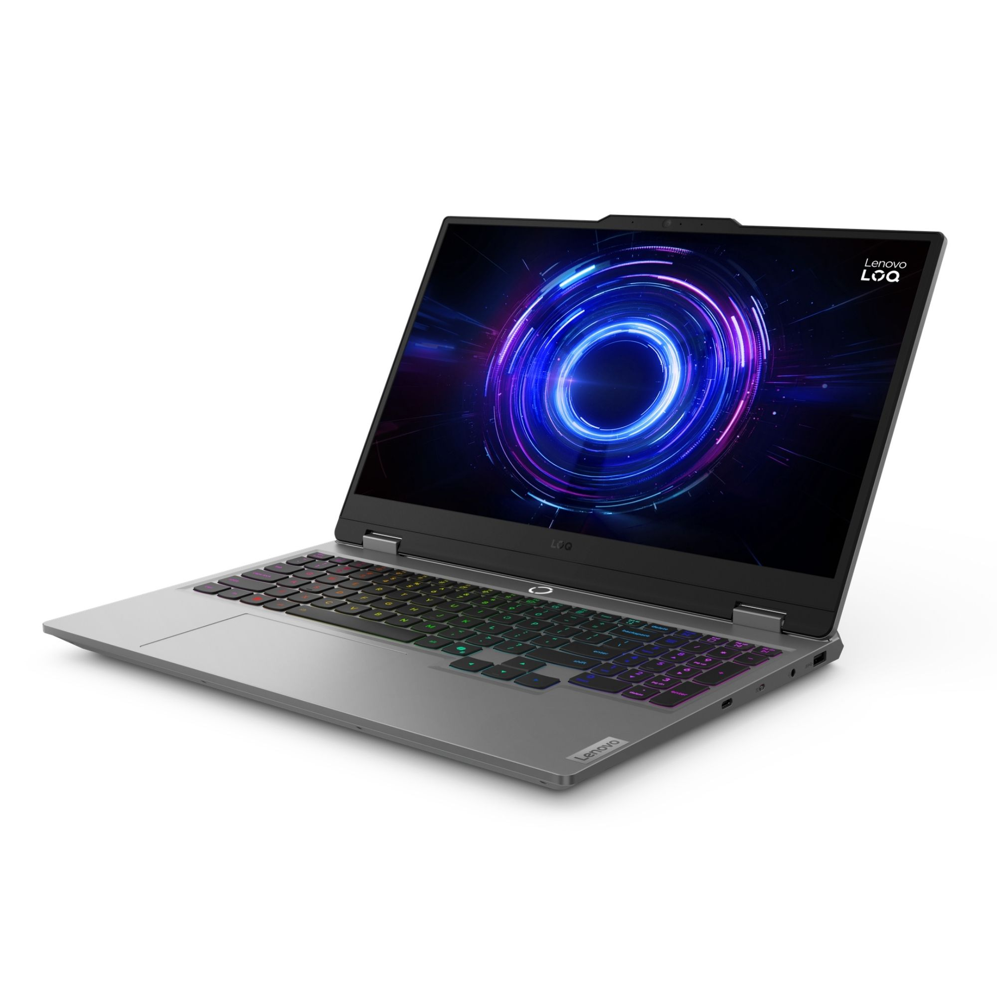 RGB arkadan aydınlatmalı klavyeye ve mavi soyut duvar kağıdına sahip gri bir Lenovo LOQ oyuncu dizüstü bilgisayarı.