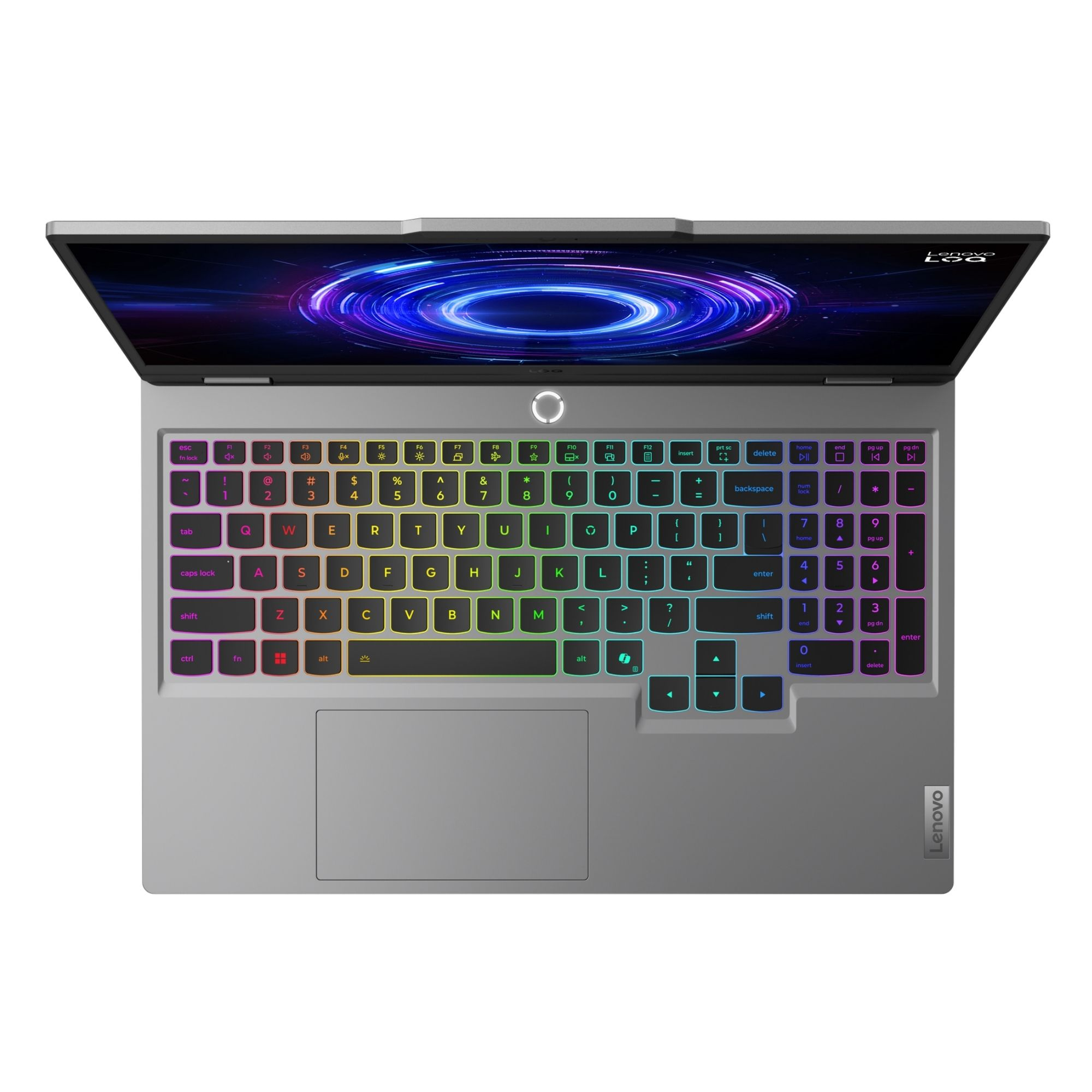 RGB aydınlatmalı klavyeye ve mavi dönen duvar kağıdına sahip gri dizüstü bilgisayarın üstten görünümü.