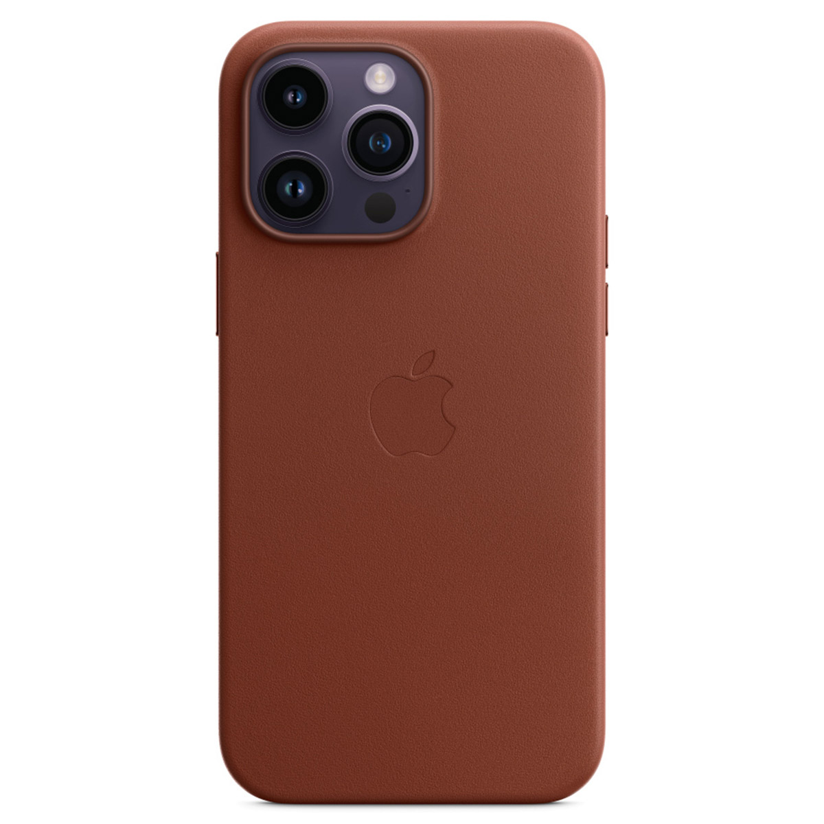Rückseite eines Smartphones in einer braunen Lederhülle mit Apple-Logo und dreifacher Kamera.