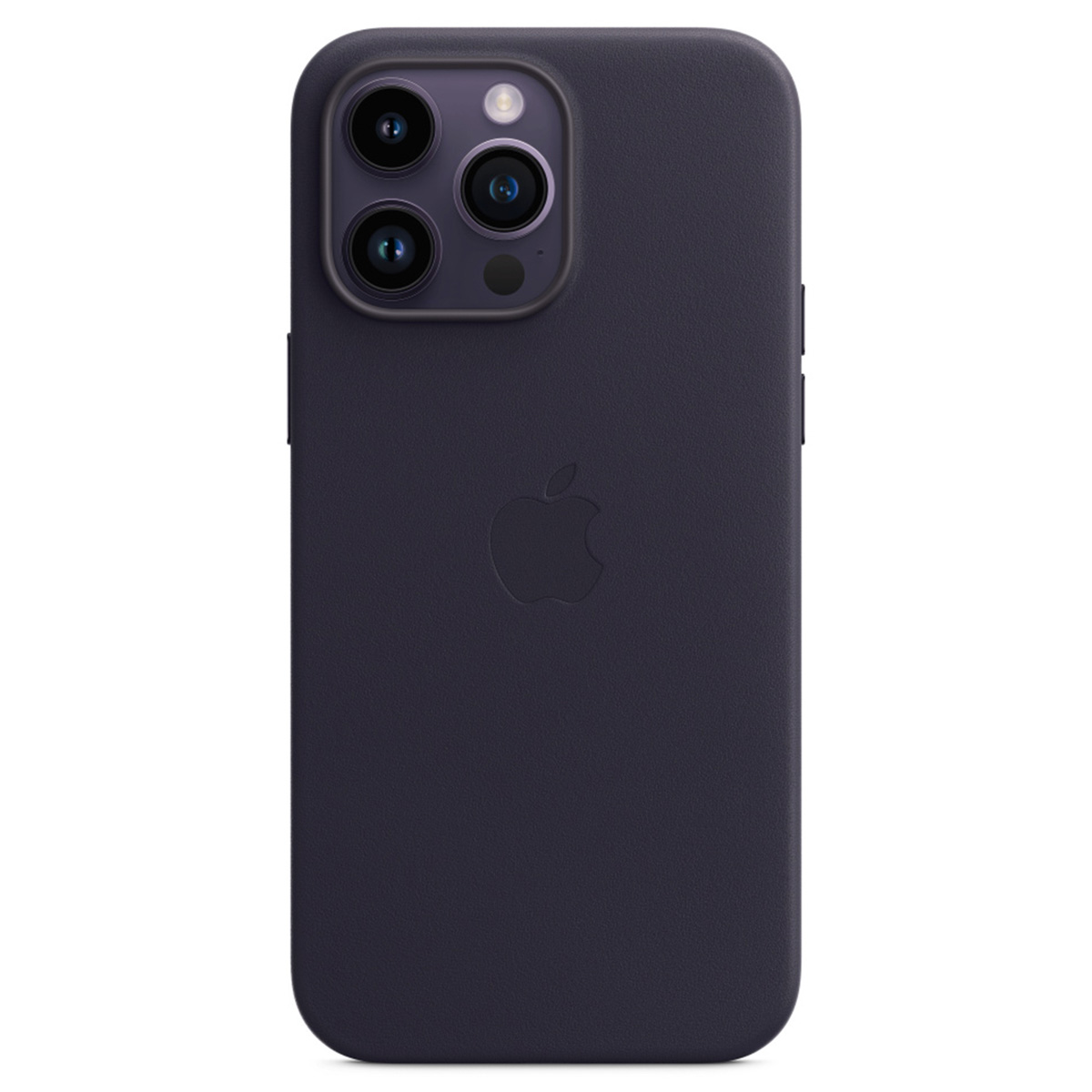 Rückseite einer dunkelvioletten Smartphone-Hülle mit drei Kameralinsen und einem Apple-Logo in der Mitte.