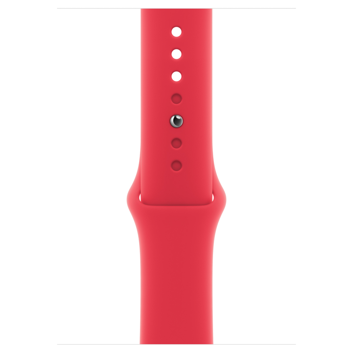A bright red silicone watch band with adjustment holes and a metal pin, set against a plain white background.