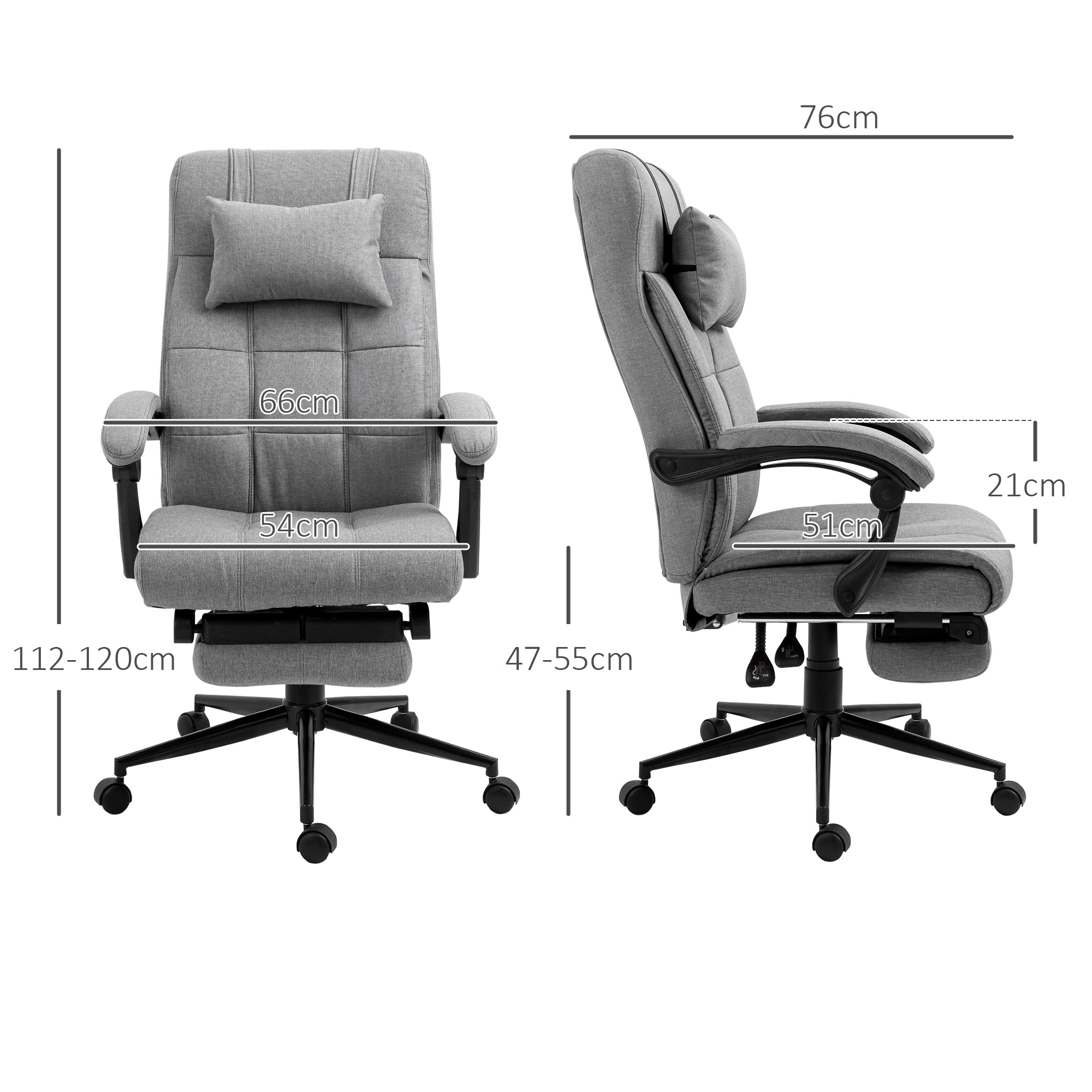 Sedia da ufficio ergonomica grigia con dimensioni viste da davanti e di lato.