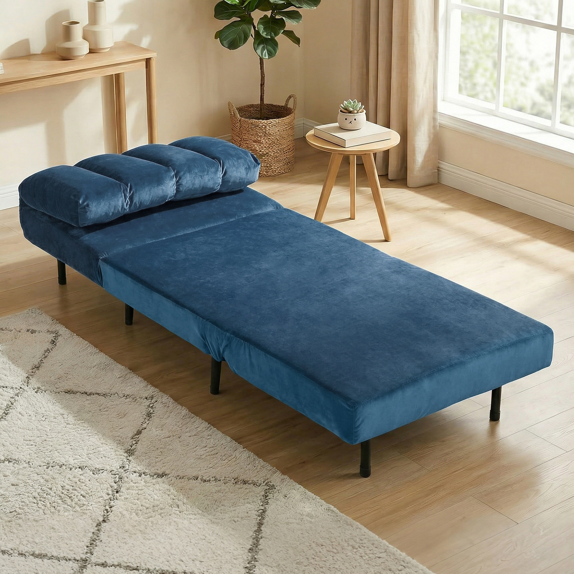 Un divano letto in velluto blu in un soggiorno luminoso con finestra e tappeto chiaro.