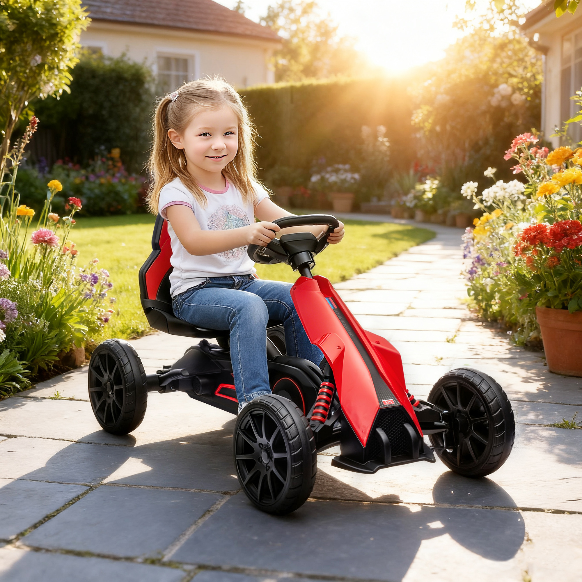 Una bambina è seduta su un go-kart rosso e nero su un sentiero da giardino con fiori.