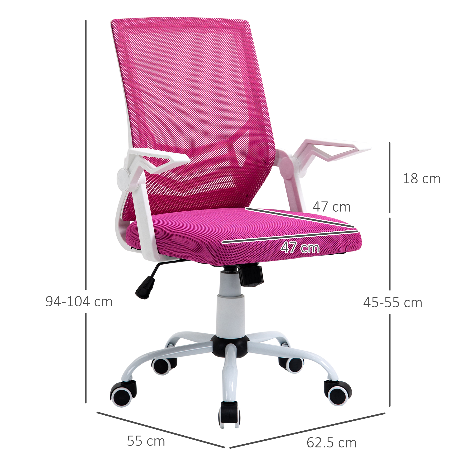 Sedia da ufficio in rete rosa con struttura bianca e dimensioni in cm.