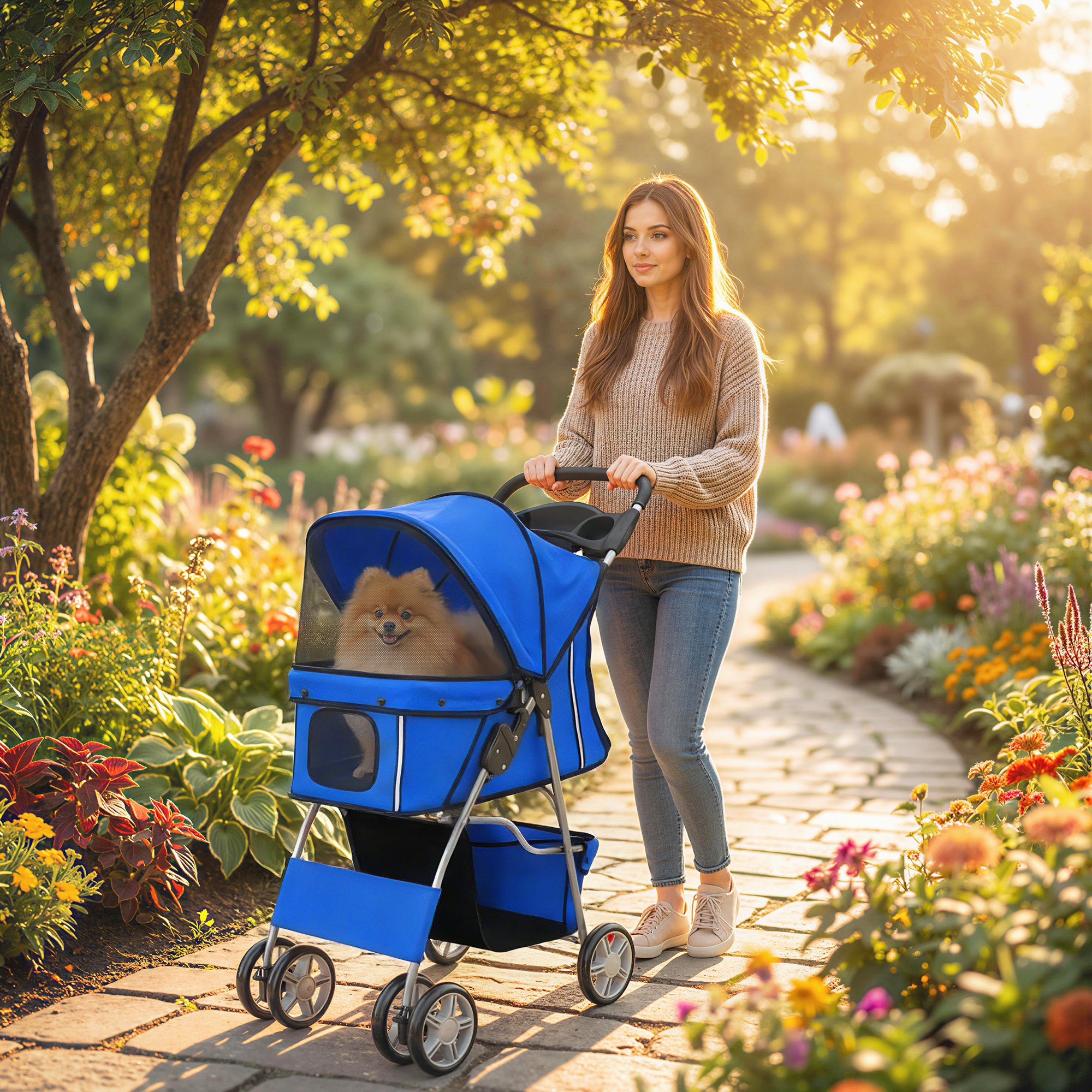 Una donna con un maglione spinge un passeggino blu per animali in un parco al sole.