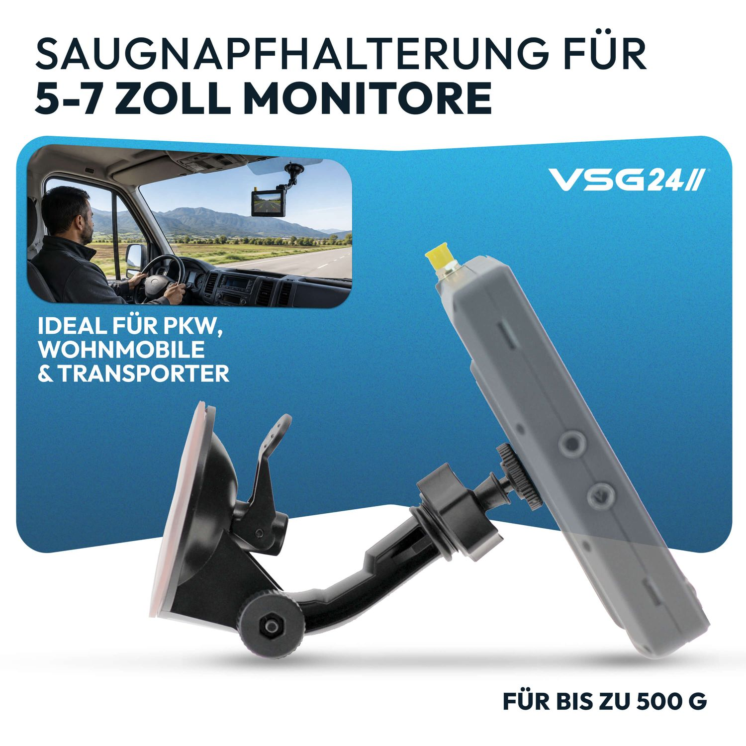 Eine schwarze Saugnapfhalterung für 5-7 Zoll Monitore vor blauem Hintergrund mit Auto-Inlet.