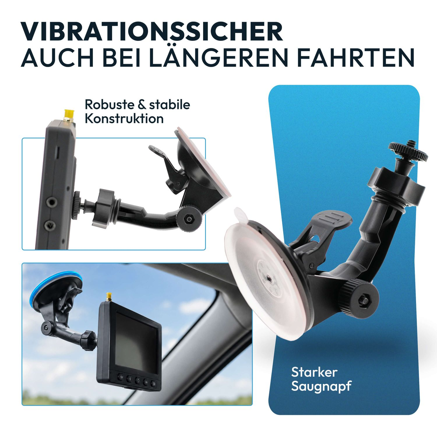 Stabiler schwarzer Saugnapfhalter für Monitore im Auto mit robustem Gelenk und starker Saugkraft.