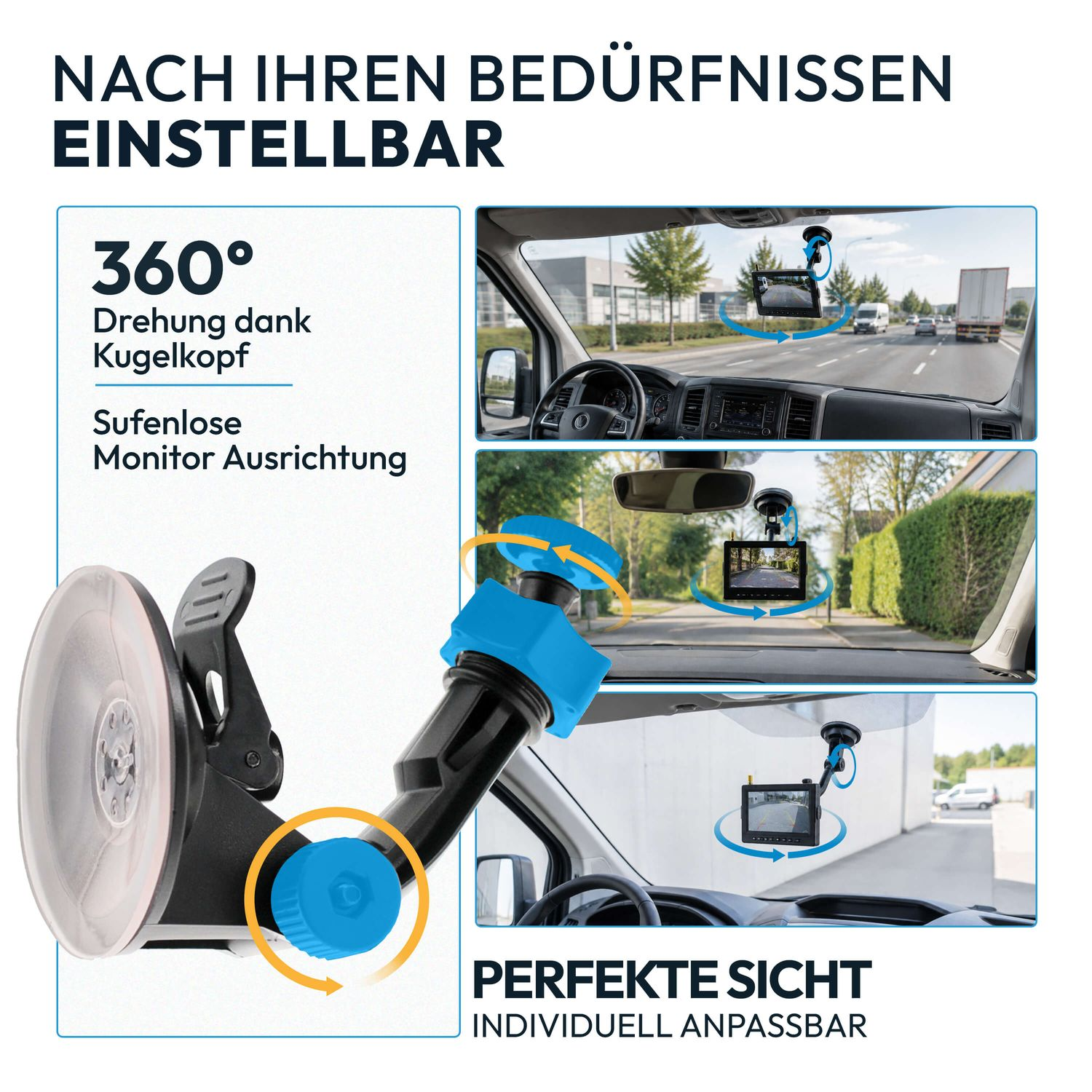 Ein verstellbarer Auto-Monitorhalter mit 360-Grad-Kugelkopf, gezeigt in verschiedenen Fahrzeuginnenräumen.