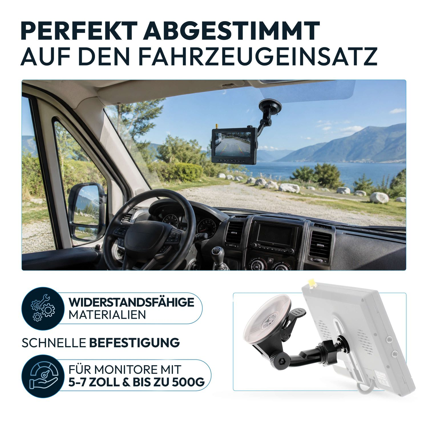 Armaturenbrett eines Fahrzeugs mit Saugnapfhalterung und Monitor, davor Seelandschaft und Berge.