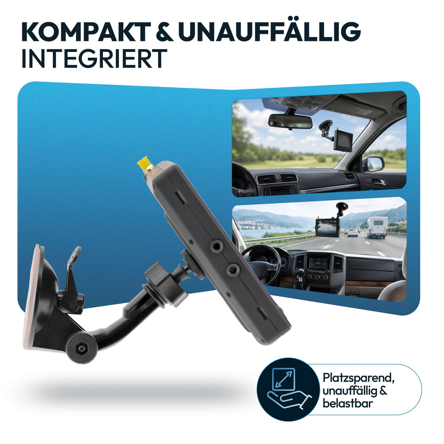 Kompakte Rückfahrkamera mit Saugnapfhalterung zur unauffälligen Integration im Auto.