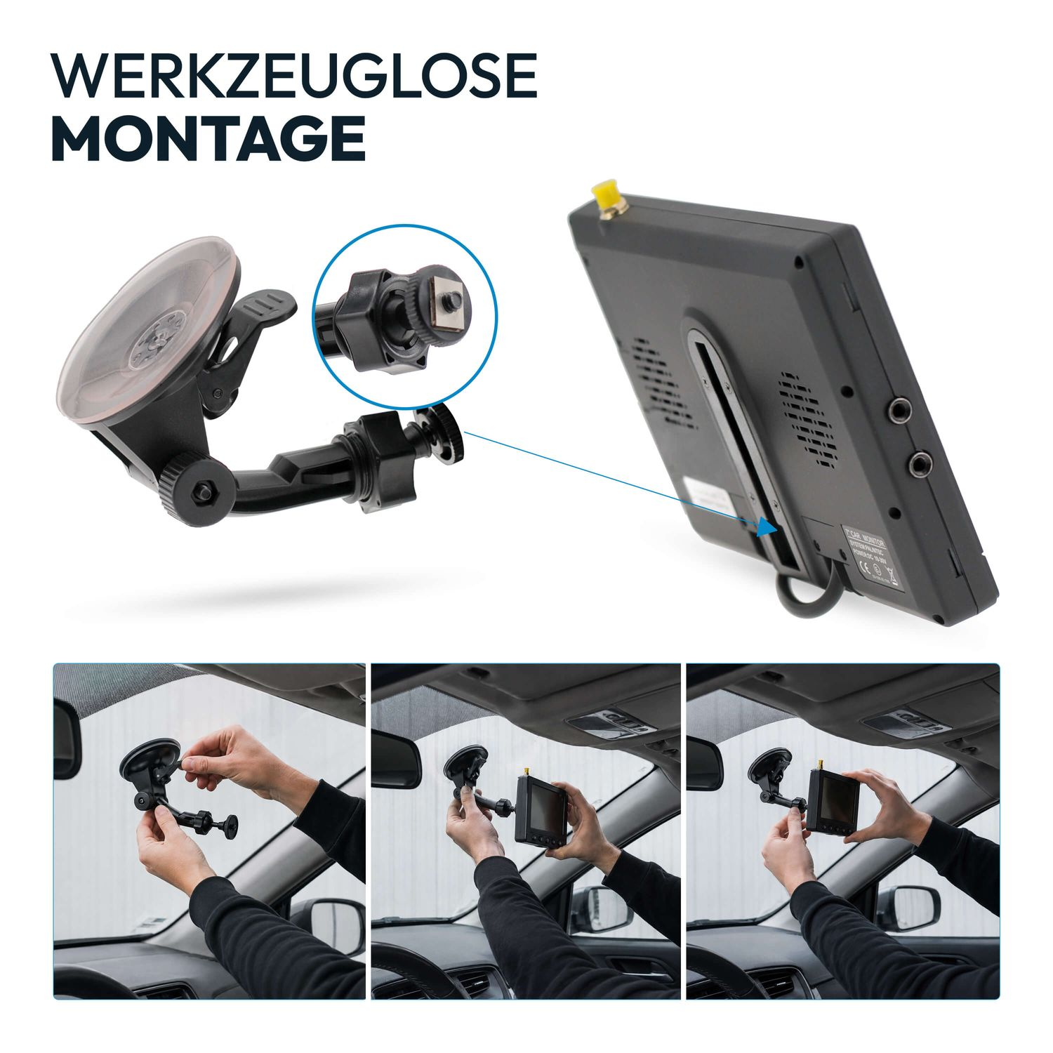 Werkzeuglose Montage eines Monitors im Auto mit Saugnapfhalterung in drei Schritten.