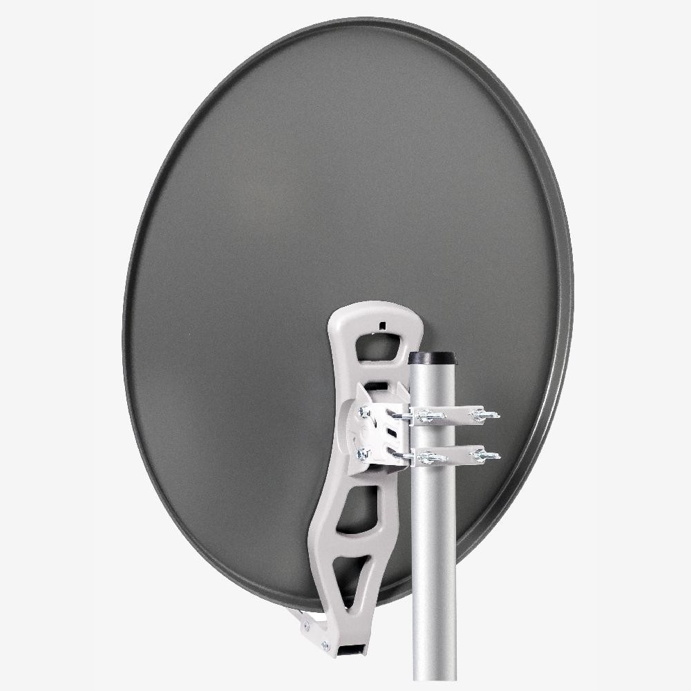 Rückansicht einer grauen Satellitenschüssel mit Metallhalterung auf weißem Hintergrund.
