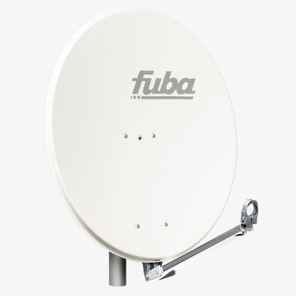 Eine weiße Fuba Satellitenschüssel mit grauem Logo auf hellem Hintergrund.