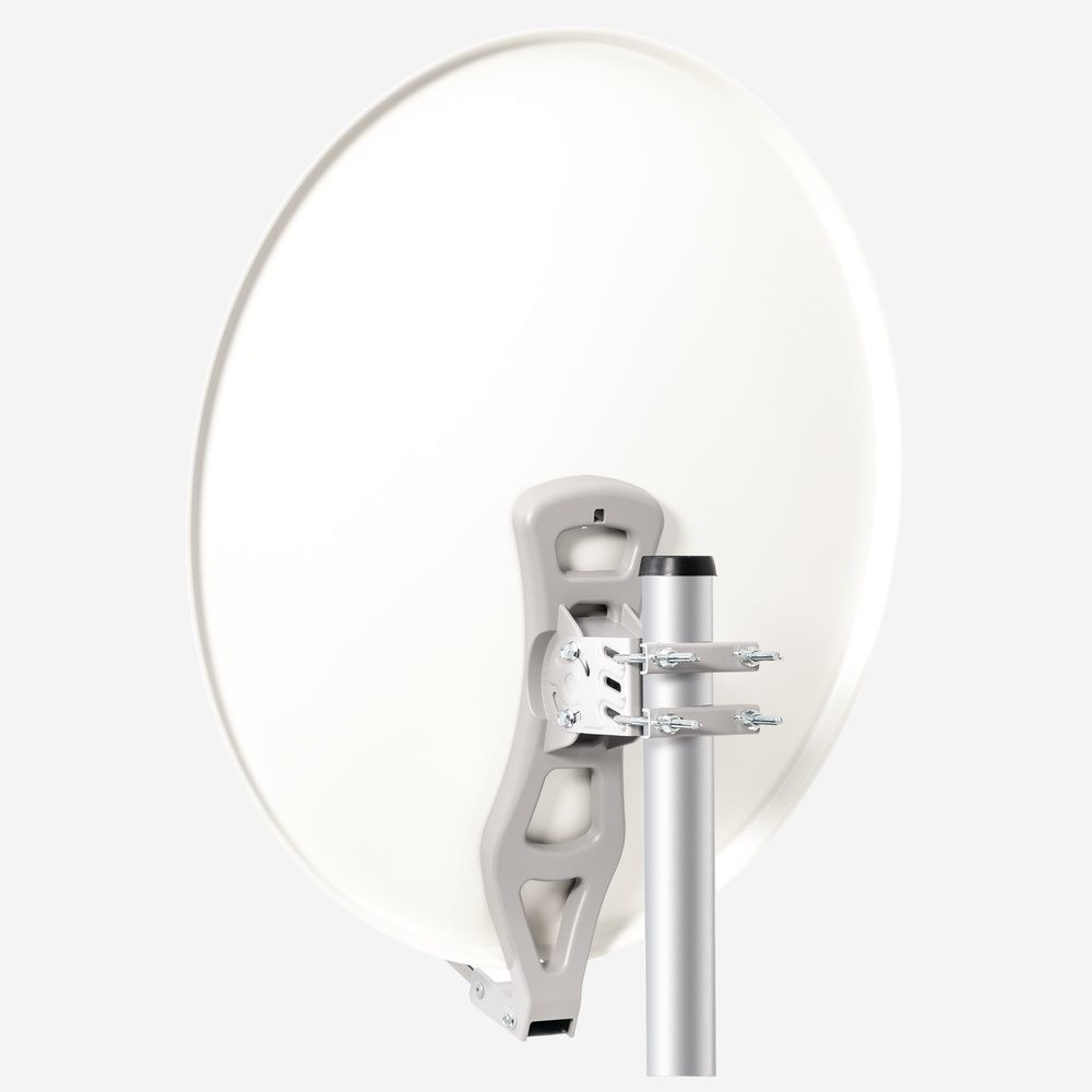 Eine weiße Satellitenschüssel auf einem grauen Metallmast gegen einen weißen Hintergrund.