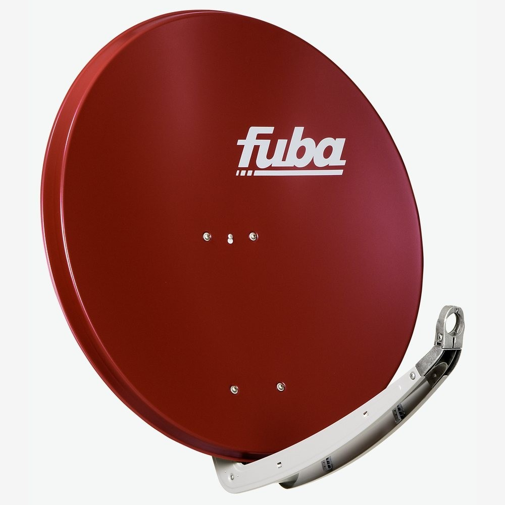 Eine rote Fuba-Satellitenschüssel mit weißem Montagearm vor schlichtem weißem Hintergrund.