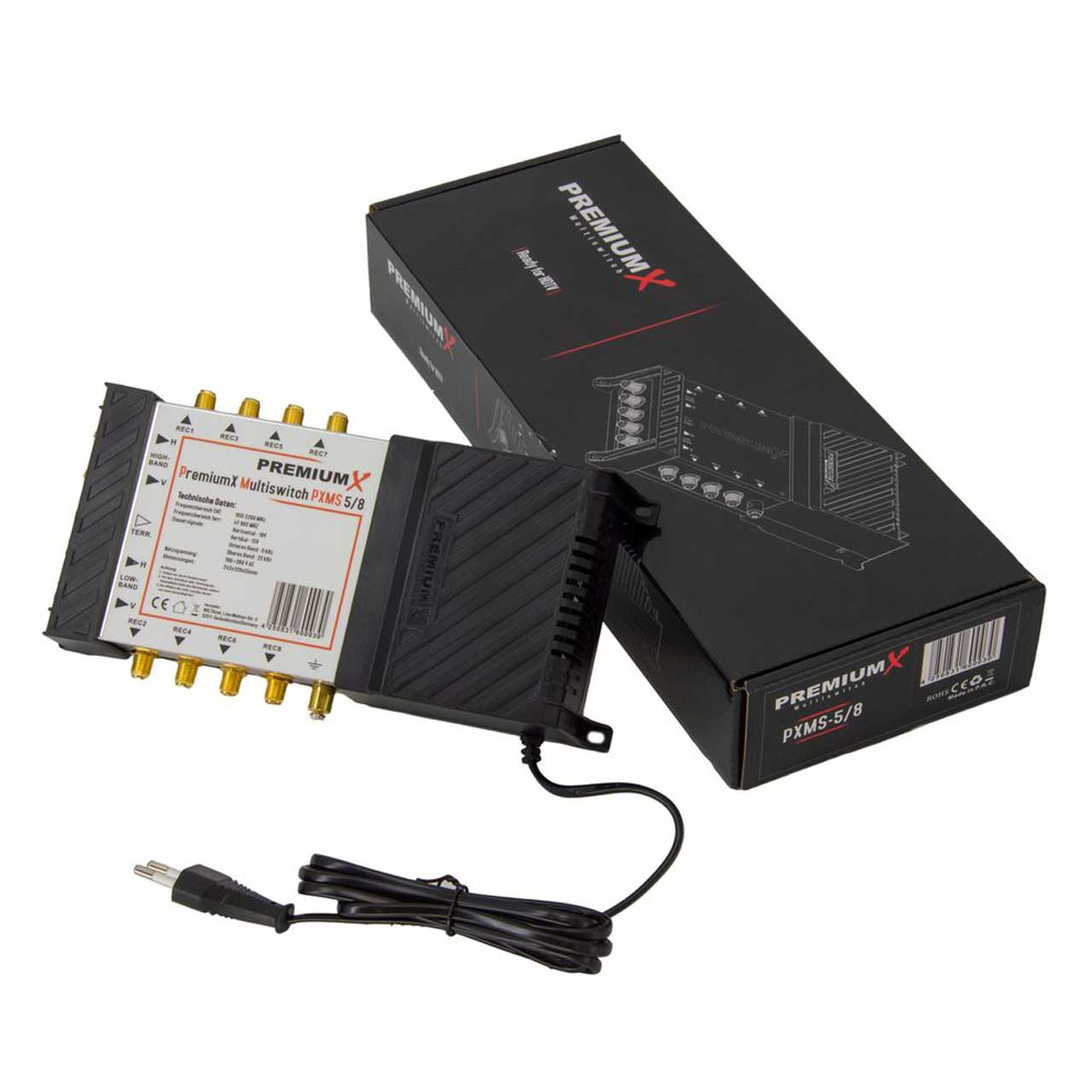 PremiumX Multischalter mit Netzkabel und schwarzer Markenverpackung auf weißem Hintergrund.