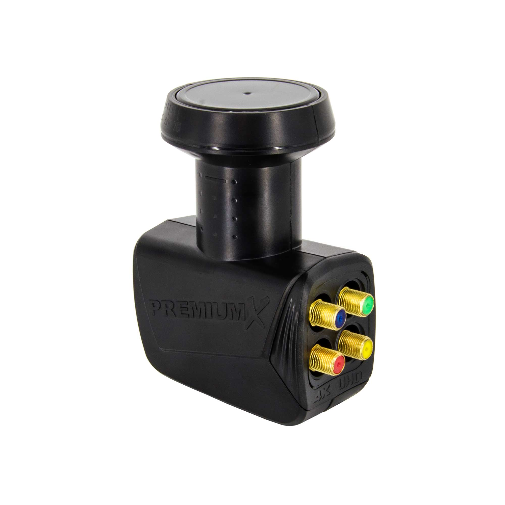 Schwarzer LNB mit vier goldenen Anschlüssen und weißem Hintergrund.