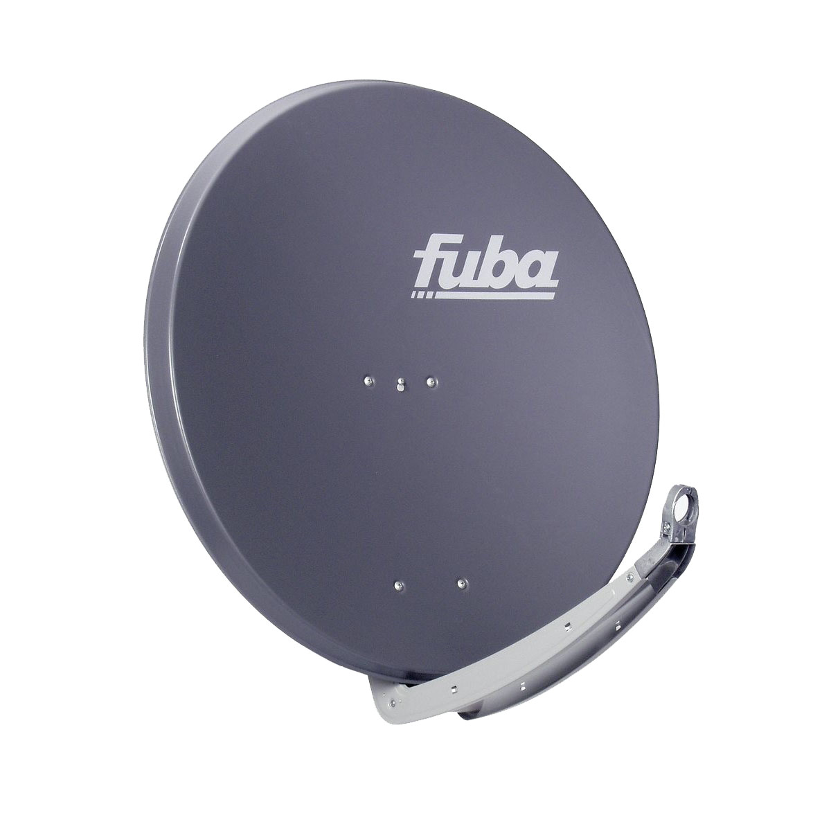 Eine graue Fuba-Satellitenschüssel auf weißem Hintergrund mit einem weißen Logo.