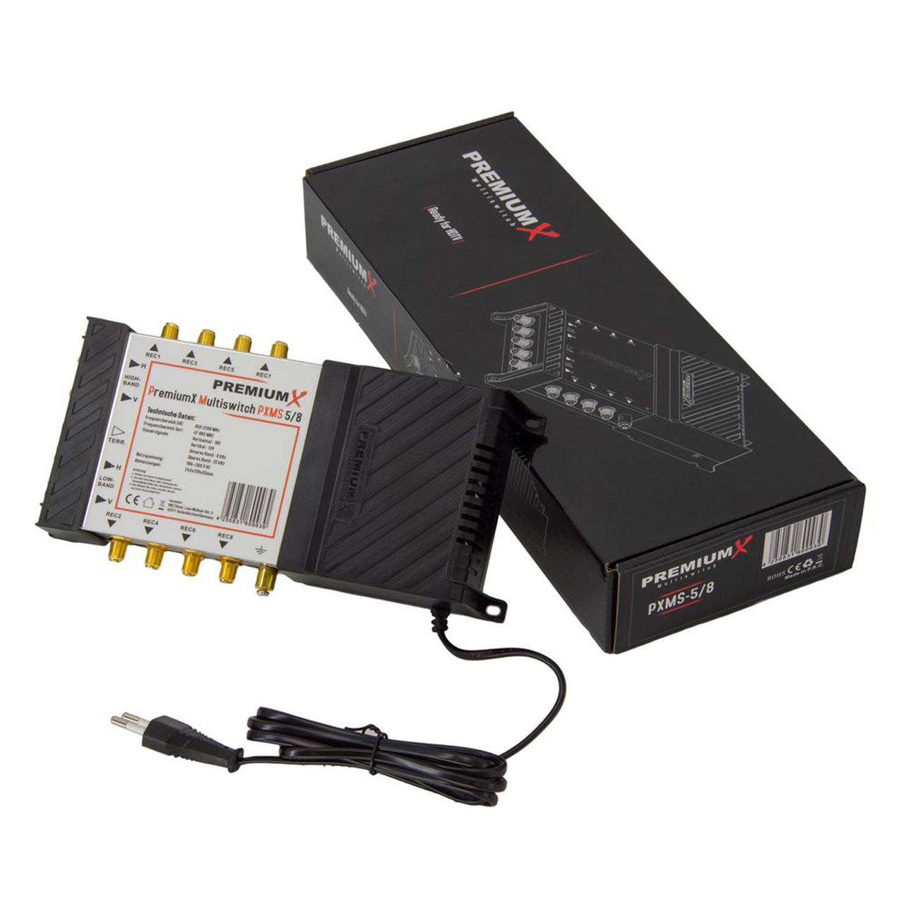 Ein PremiumX Multiswitch PXMS 5/8 liegt neben seiner schwarzen Verpackung auf weißem Hintergrund.