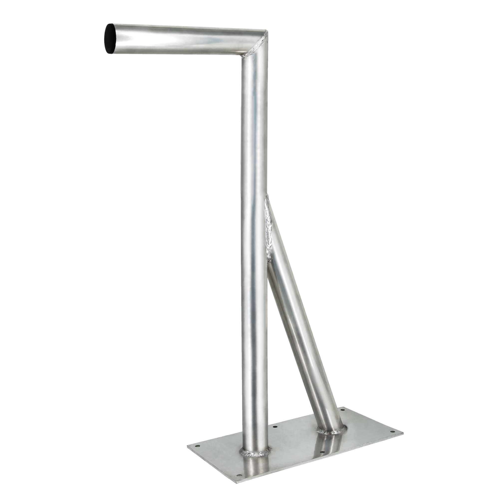 Ein silberner Metallständer mit einer Grundplatte, senkrechter Stange, einem horizontalen Arm und einer diagonalen Stütze.
