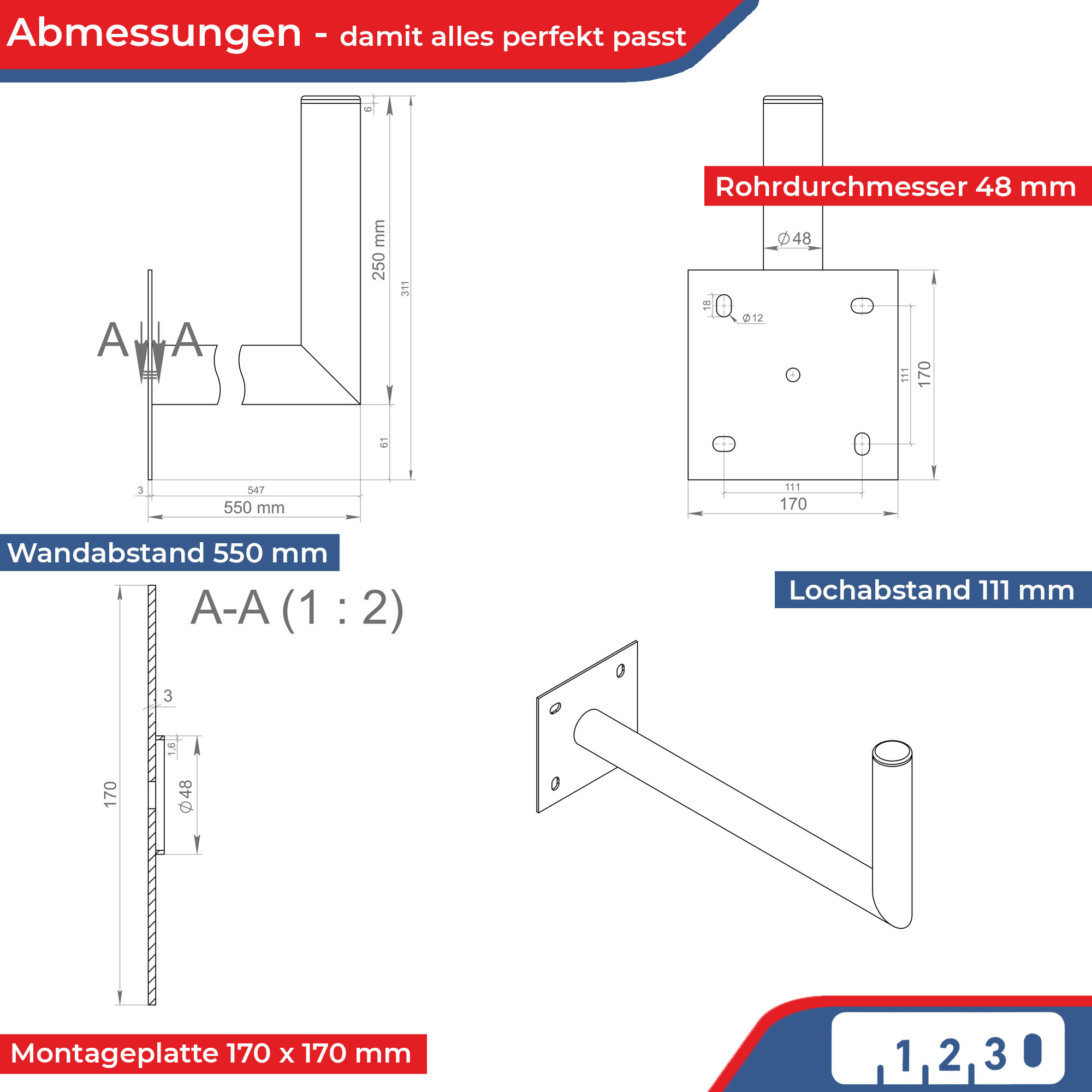 Technische Zeichnung einer Wandhalterung mit Maßangaben und verschiedenen Ansichten.